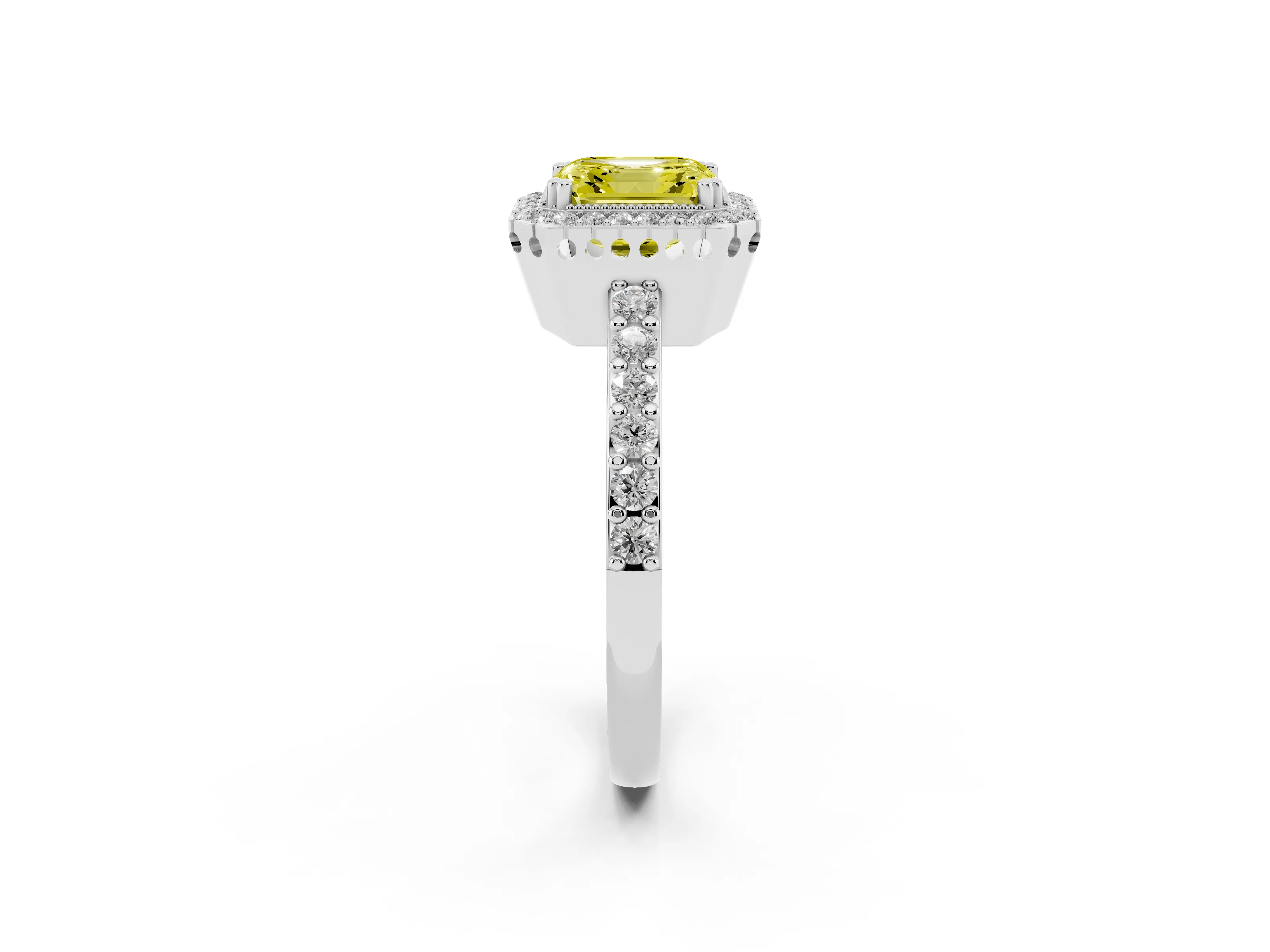 Fancy Yellow Asscher Cut Diamond Halo Engagement Ring Set in White gold with Milgrain Detail and Pavé Band