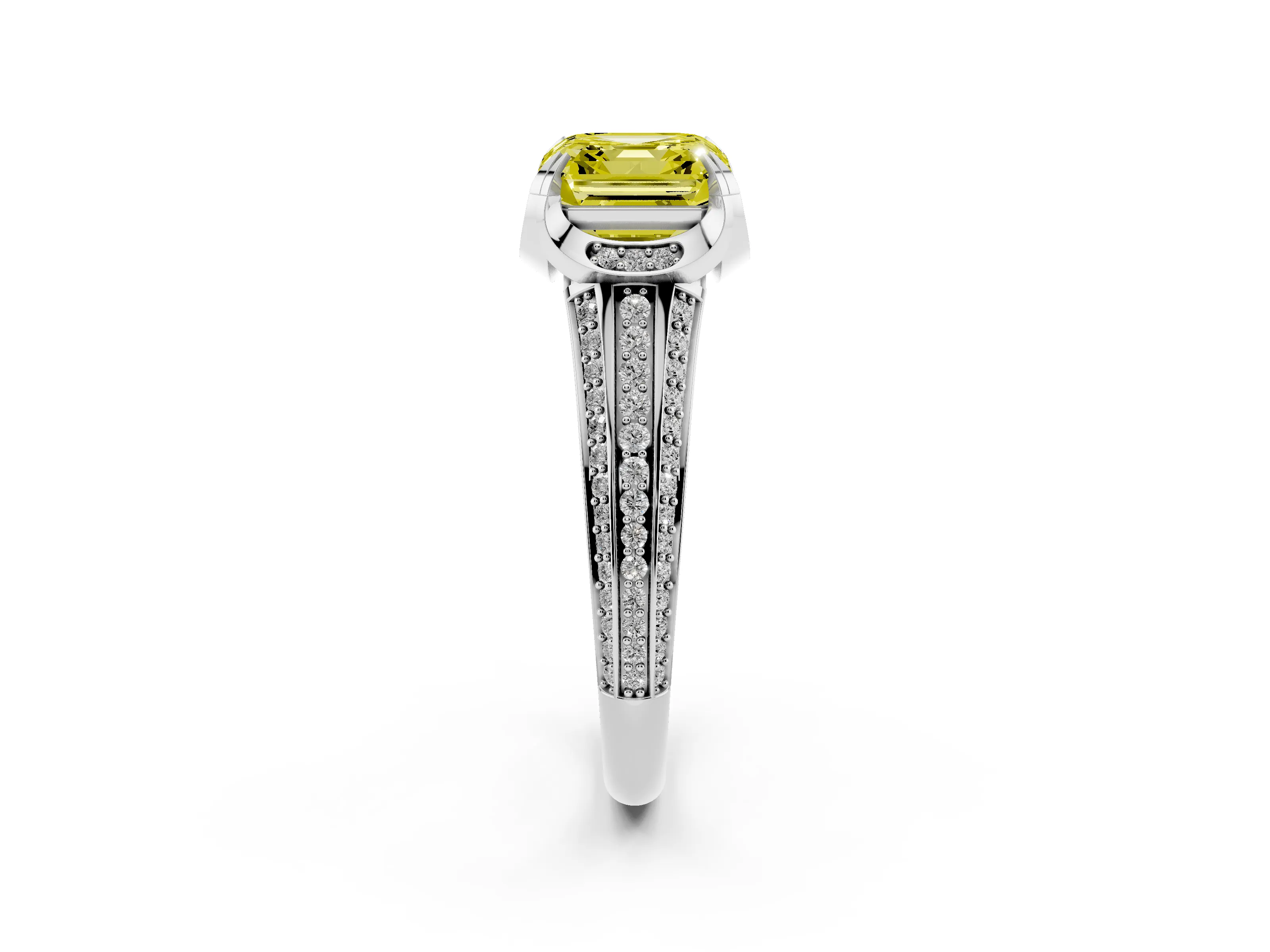 Fancy Yellow Asscher Cut Diamond Pavé Split Shank Solitaire Ring Set in Platinum with Prong Setting