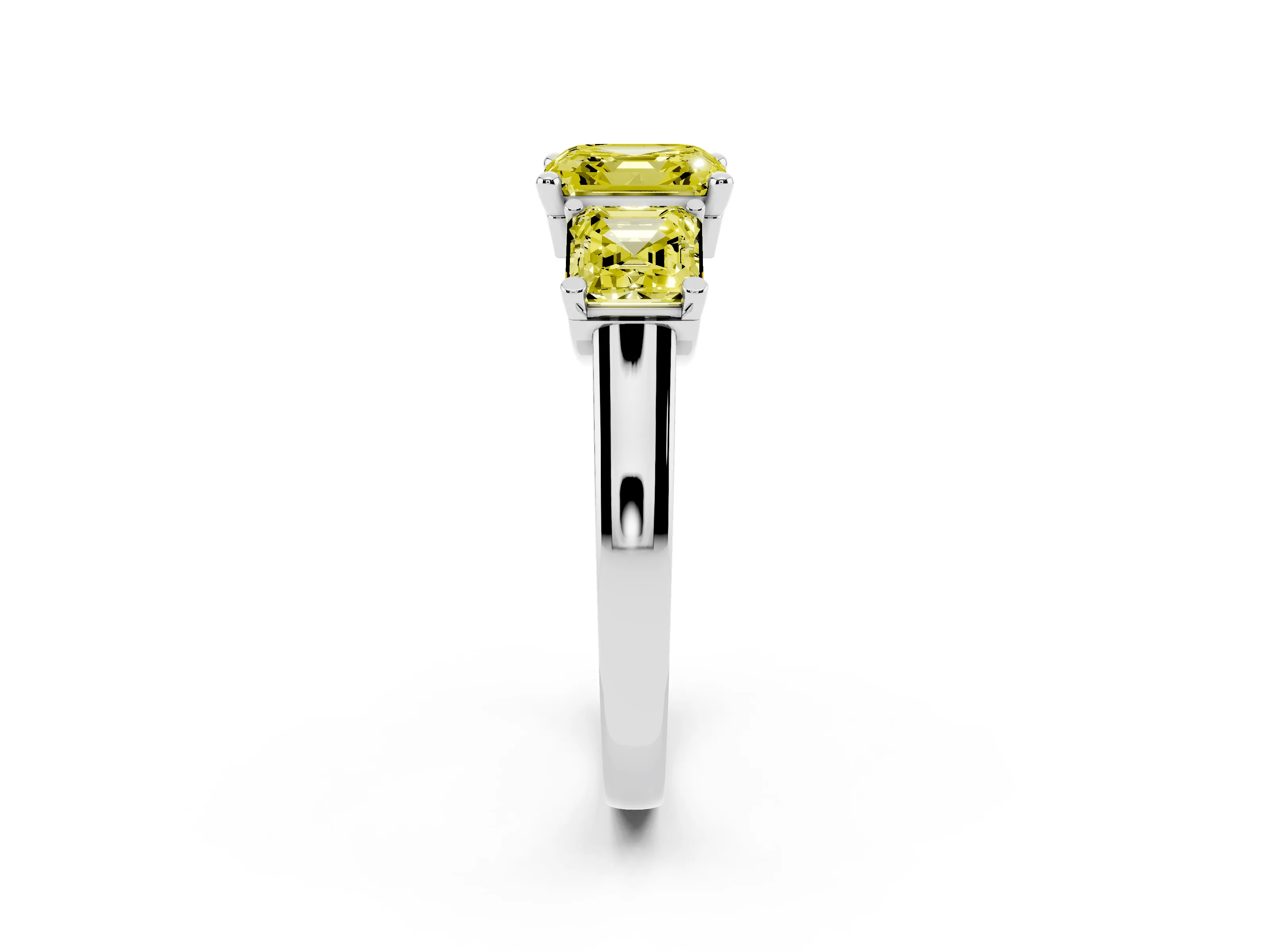 Fancy Yellow Asscher Cut Diamond Three-Stone Trellis Ring Set in Platinum with Comfort Fit Band