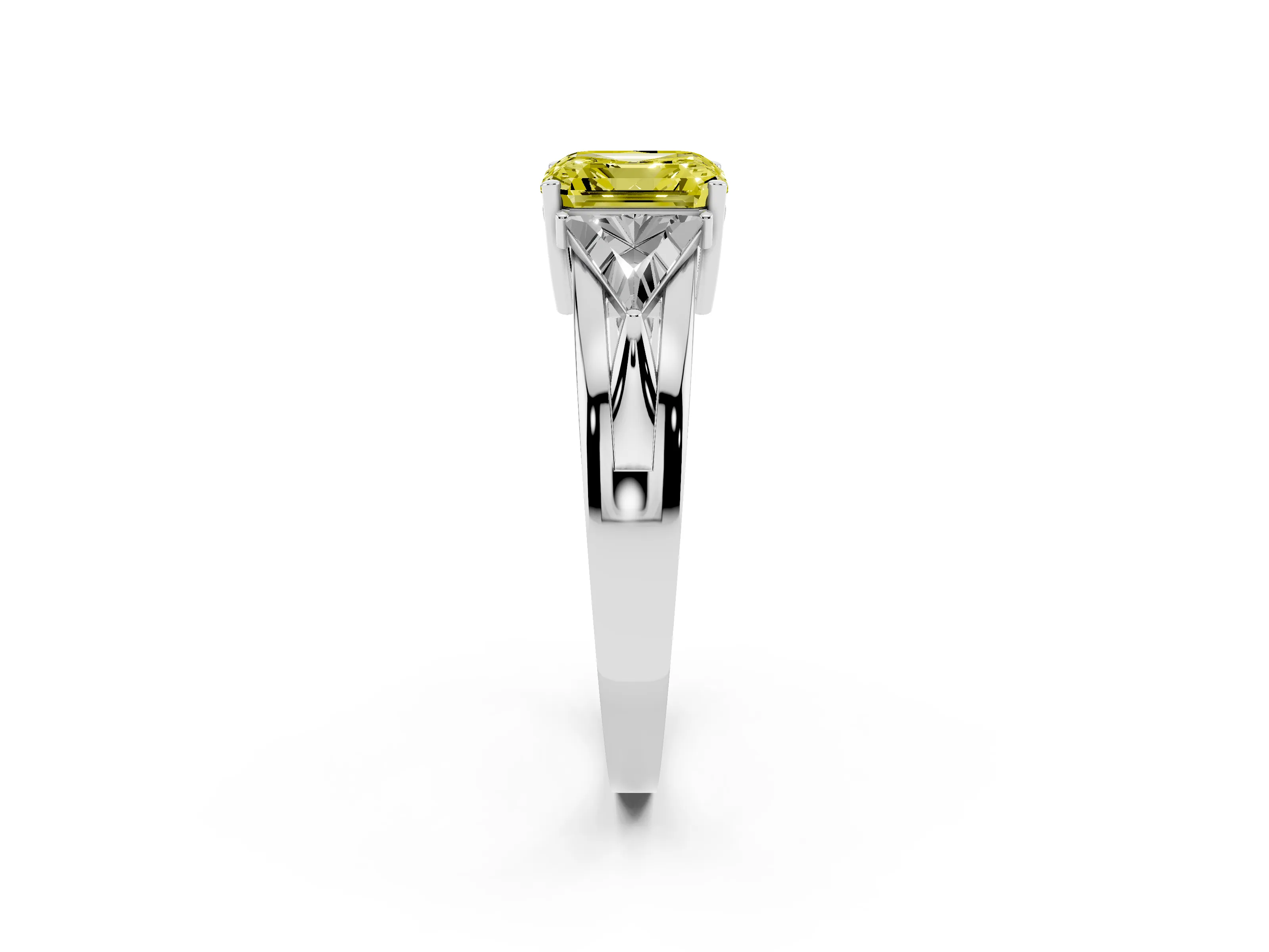 Fancy Yellow Asscher Cut Diamond Three-Stone Ring Set in Platinum with Trillion Side Stones and Split Shank