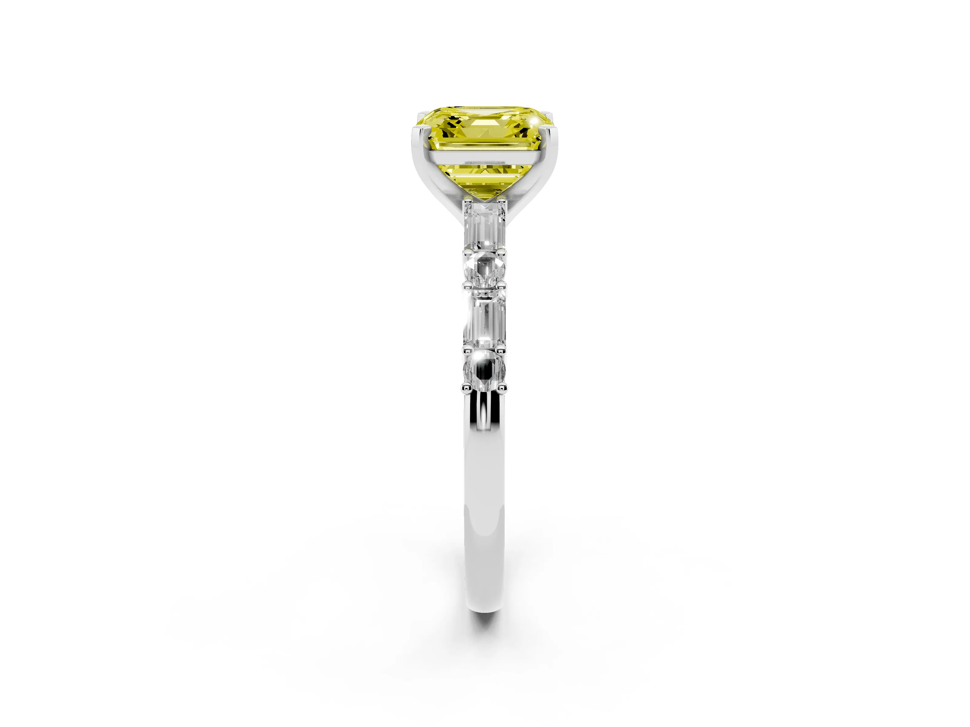 Fancy Yellow Asscher Cut Diamond Solitaire Set in Silver with Side Baguettes and Channel Set Band