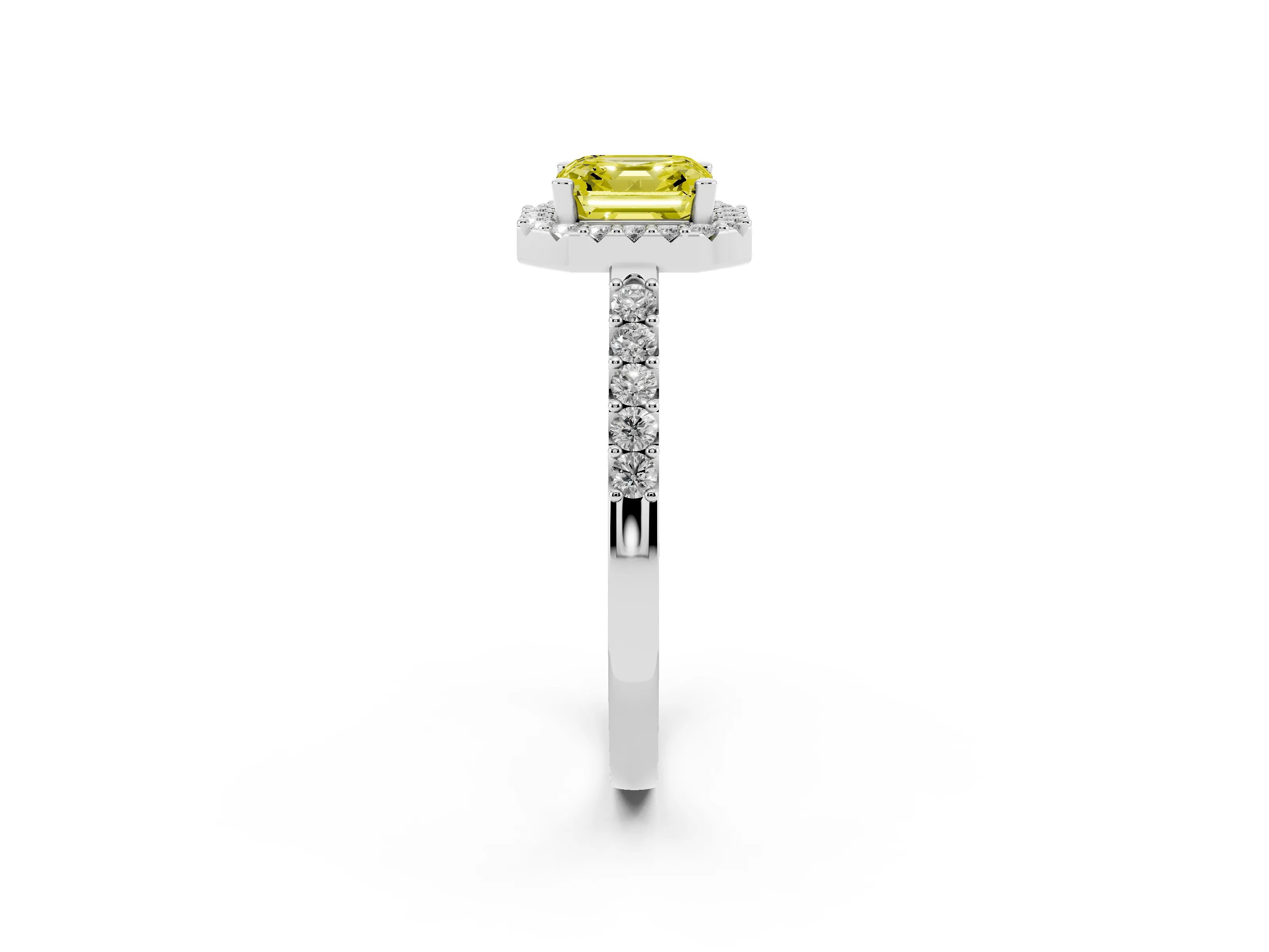 Fancy Yellow Asscher Cut Diamond Halo Pavé Solitaire Ring Set in Platinum with Prong-Set Center Stone