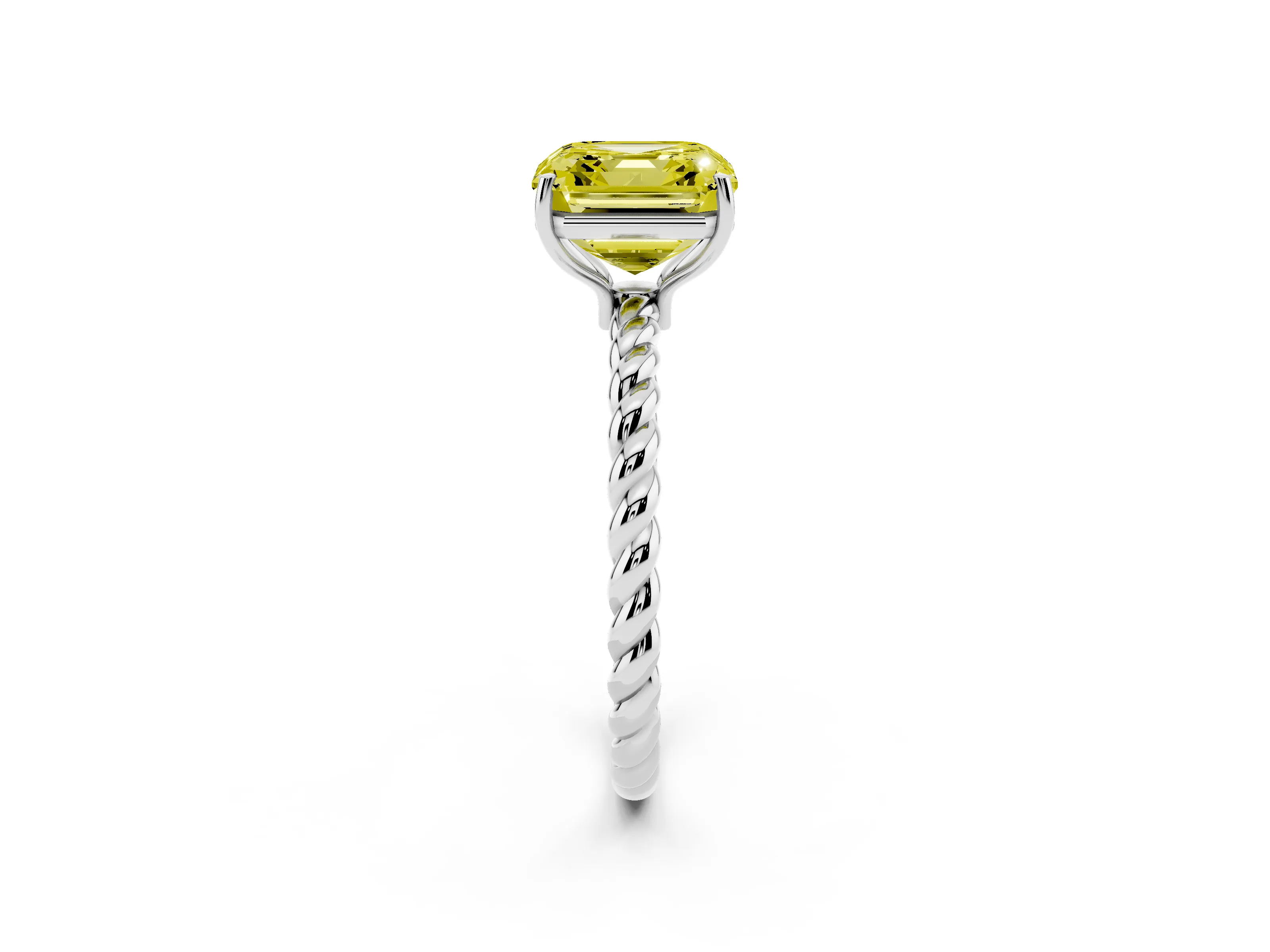 Fancy Yellow Asscher Cut Diamond Solitaire Ring Set in White gold with Twist Band and Prong Setting