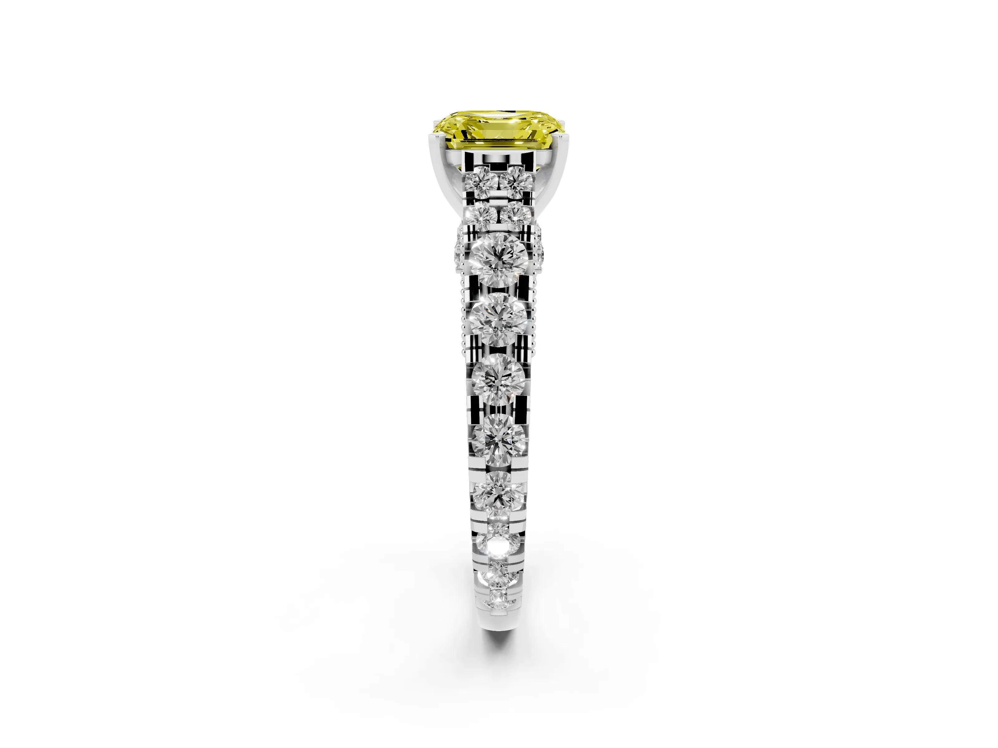 Fancy Yellow Asscher Cut Diamond Classic Solitaire Ring Set in White gold with Pavé Band and Prong Setting