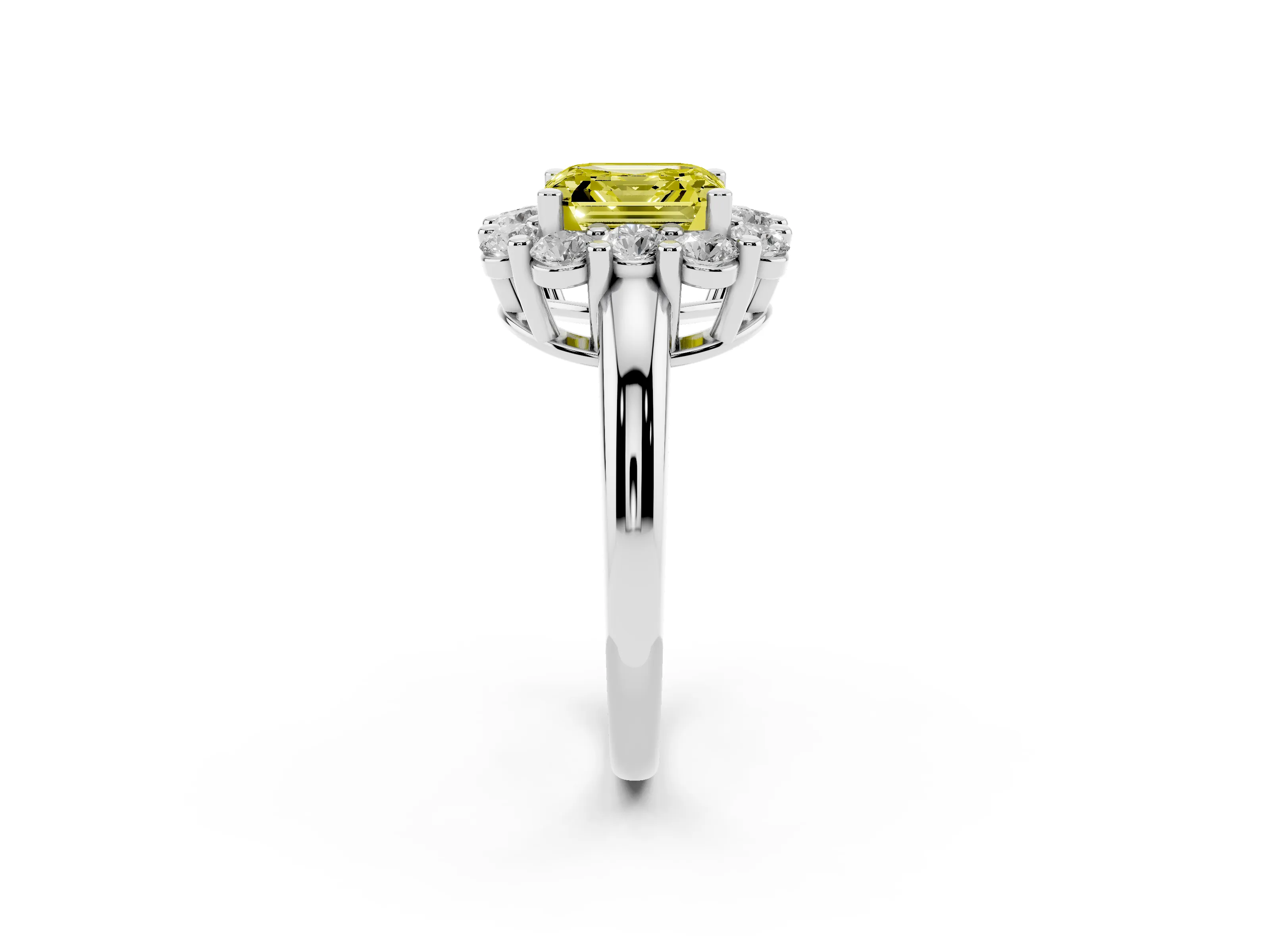 Fancy Yellow Asscher Cut Diamond Halo Cluster Engagement Ring Set in White gold with Polished Band and Prong Setting