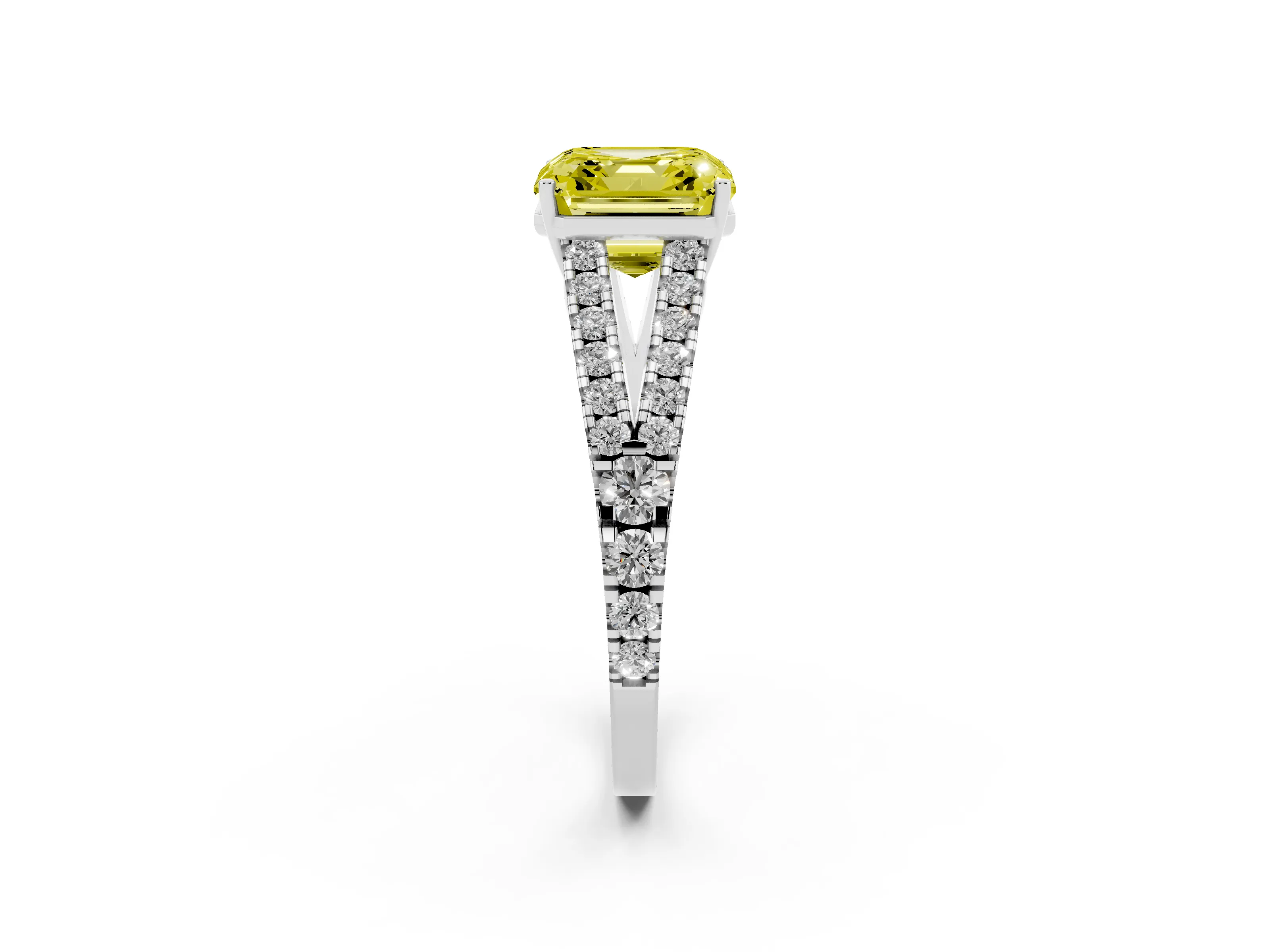 Fancy Yellow Asscher Cut Diamond Split Shank Pavé Engagement Ring Set in White gold with Prong-Held Center Stone