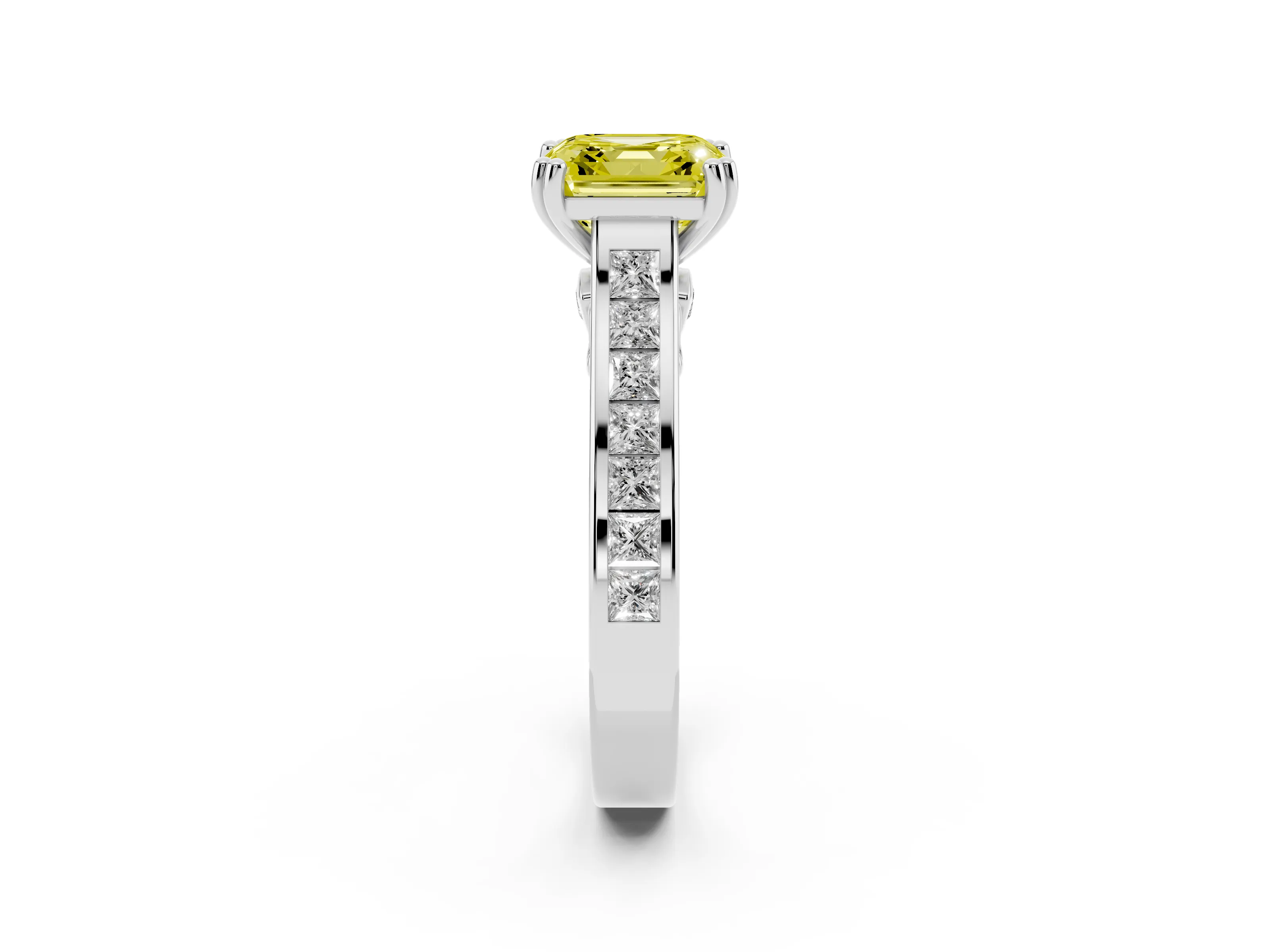 Fancy Yellow Asscher Cut Diamond Channel Set Solitaire Engagement Ring Set in Platinum with Prong Setting