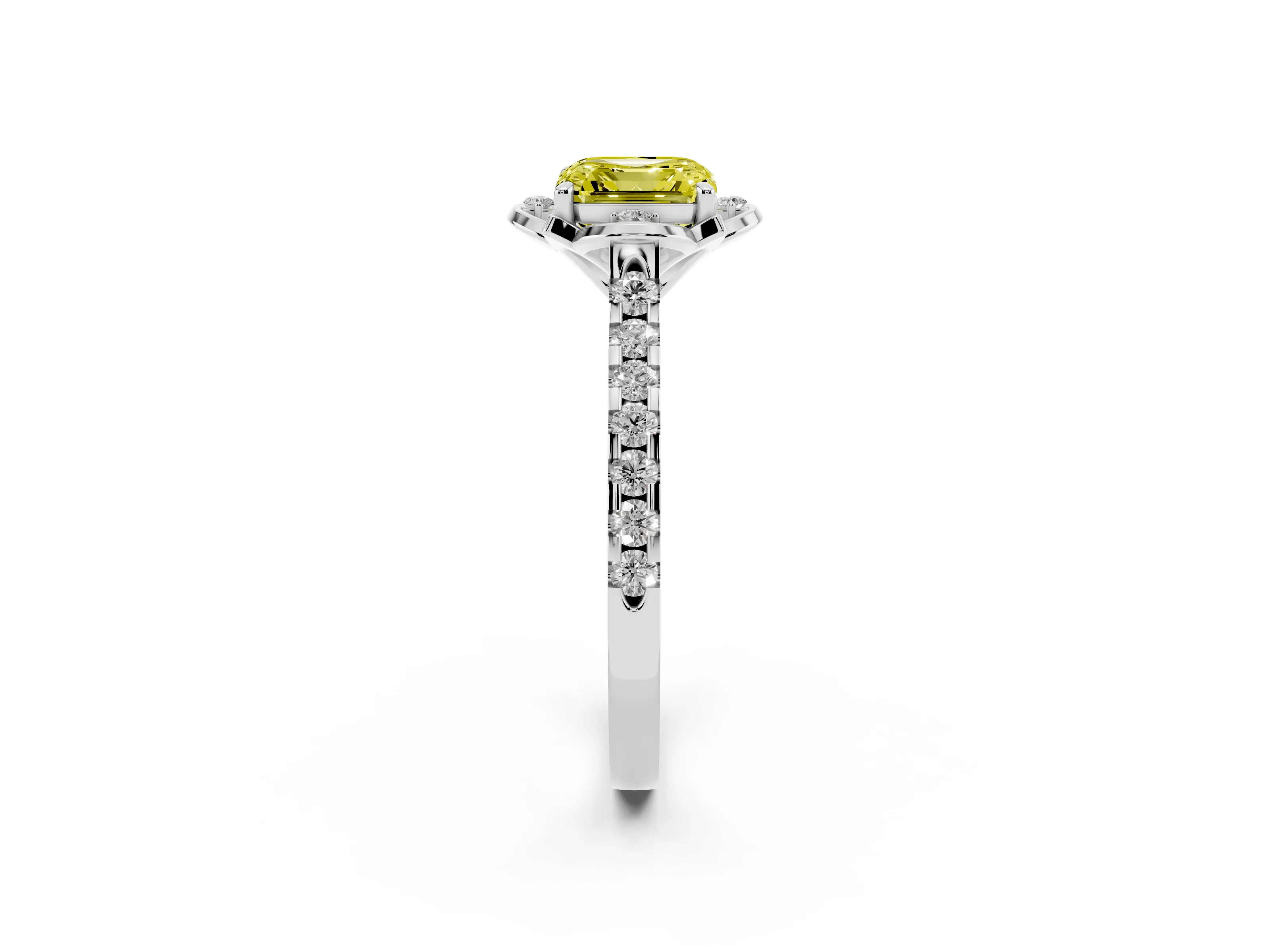Fancy Yellow Asscher Cut Diamond Solitaire Ring Set in Platinum with Pavé Band and Floral Prong Setting
