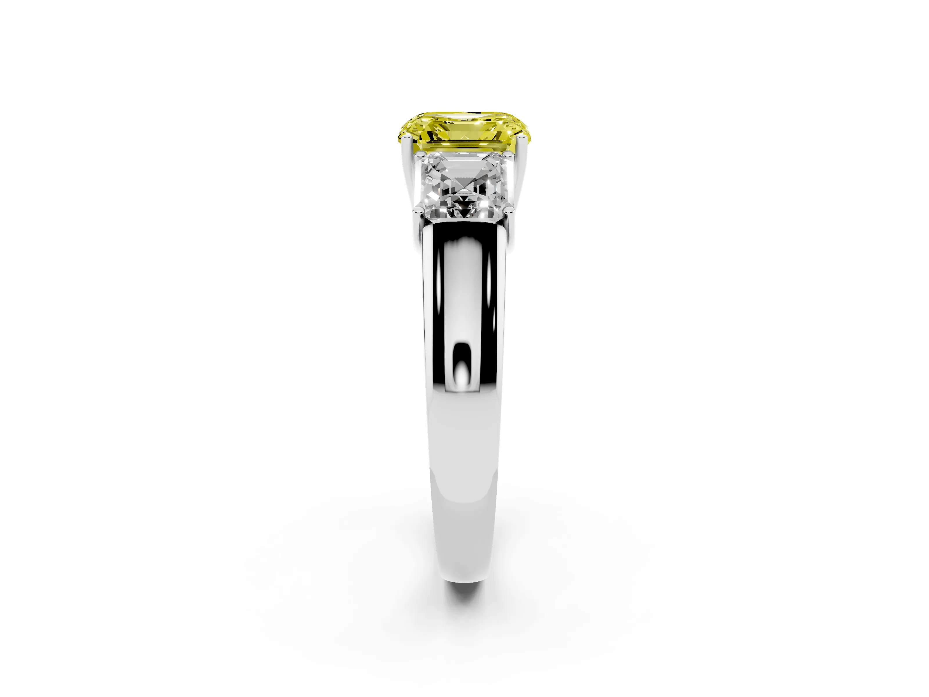Fancy Yellow Three-Stone Asscher Cut Diamond Ring Set in Silver with Matching Prong Settings and Plain Band
