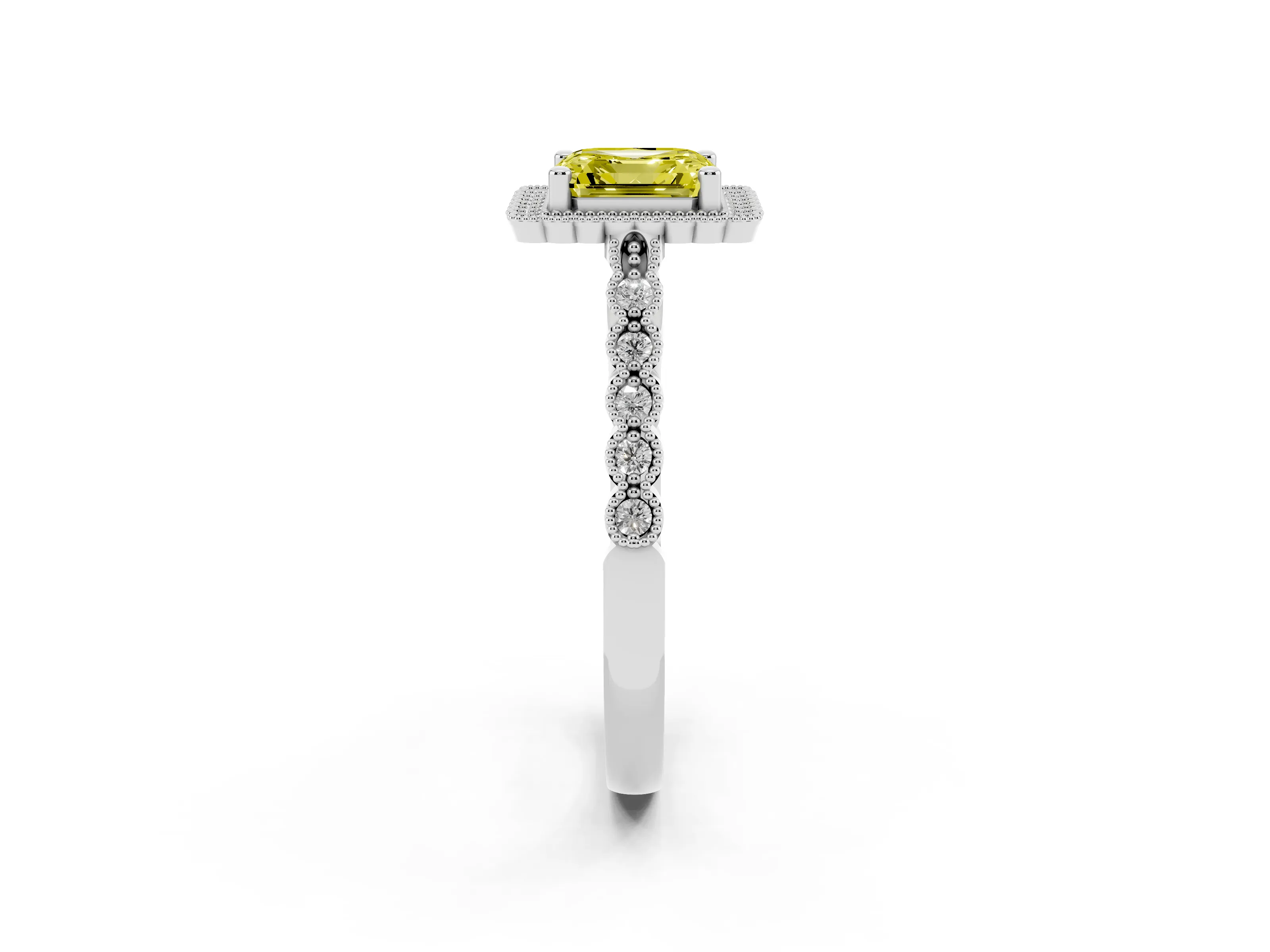 Fancy Yellow Asscher Cut Diamond Halo Ring Set in Platinum with Pavé Milgrain Band