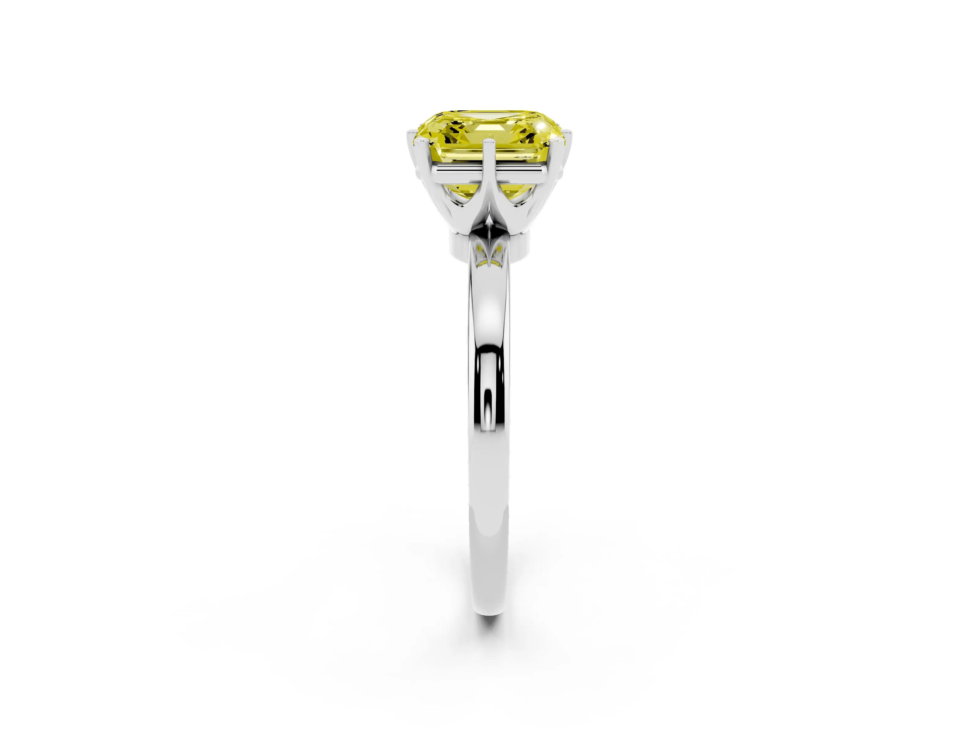 Fancy Yellow Asscher Cut Diamond Solitaire Ring Set in White gold with Raised Prong Setting on a Classic Band
