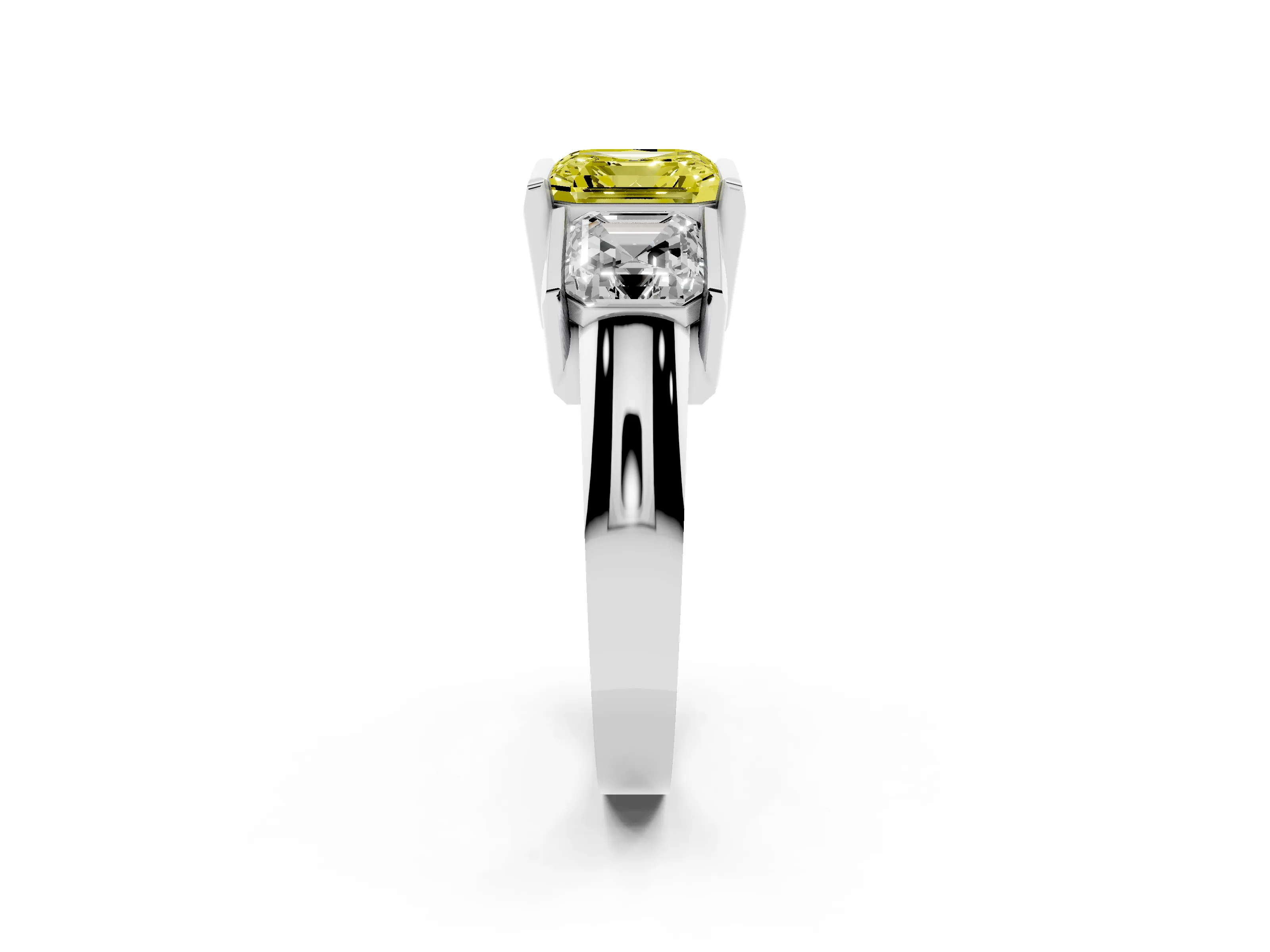 Fancy Yellow Asscher Cut Diamond Three-Stone Channel Set Ring Set in White gold with Smooth Polished Band