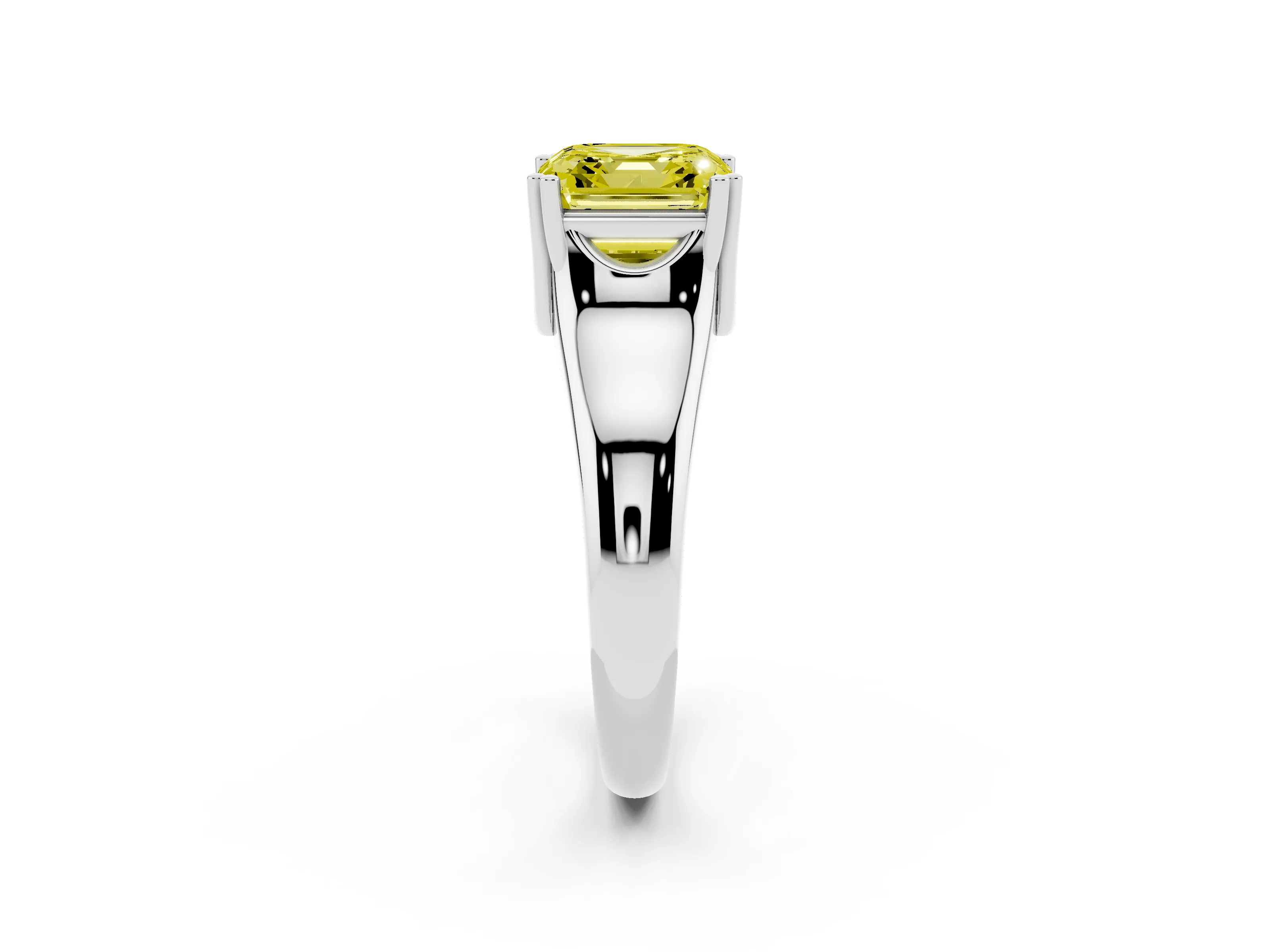 Fancy Yellow Asscher Cut Diamond Solitaire Ring Set in Platinum with Wide Band and Prong Setting