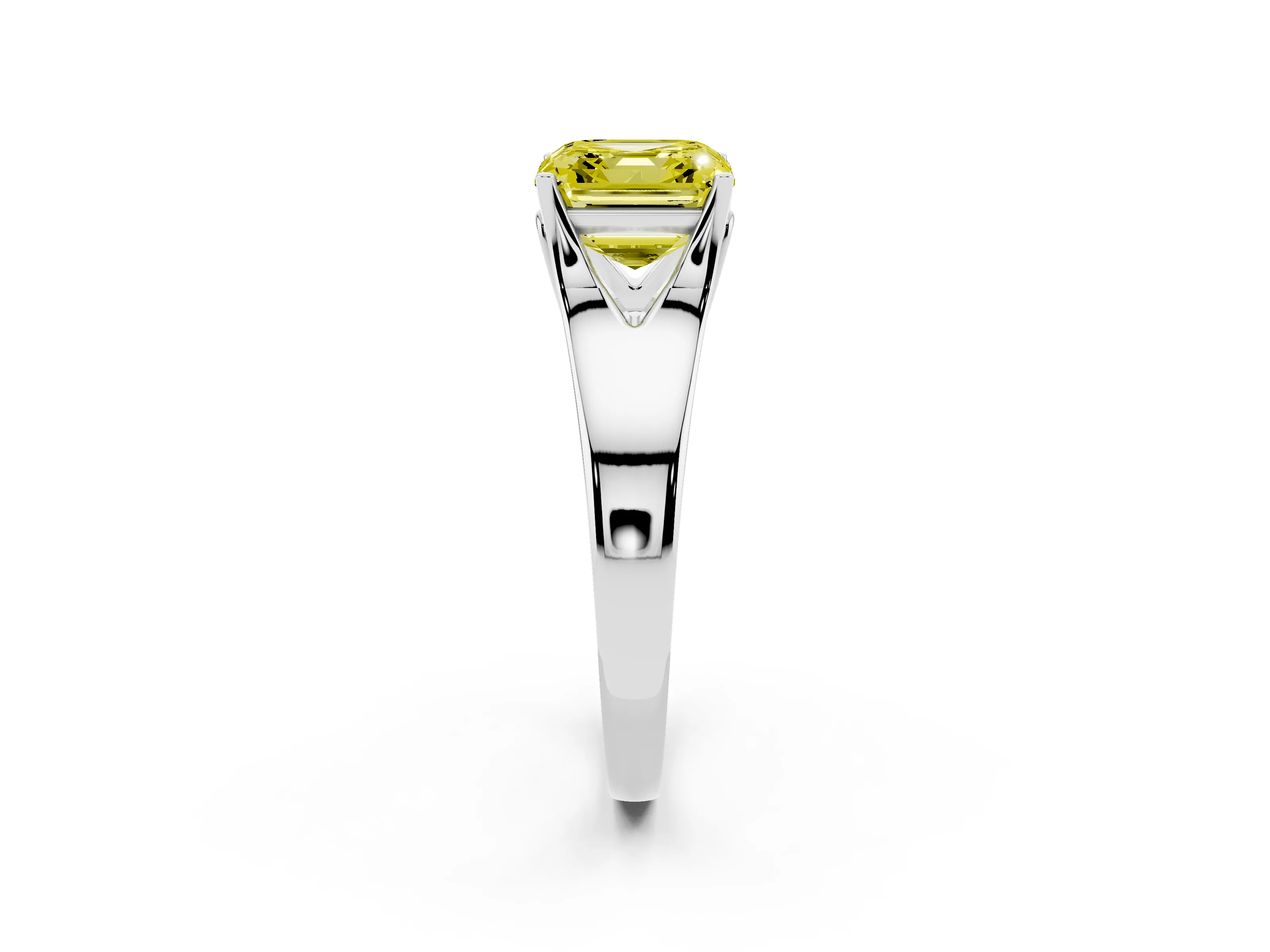 Fancy Yellow Asscher Cut Diamond Solitaire Ring Set in Platinum with Arched Cathedral Band and Prong Setting