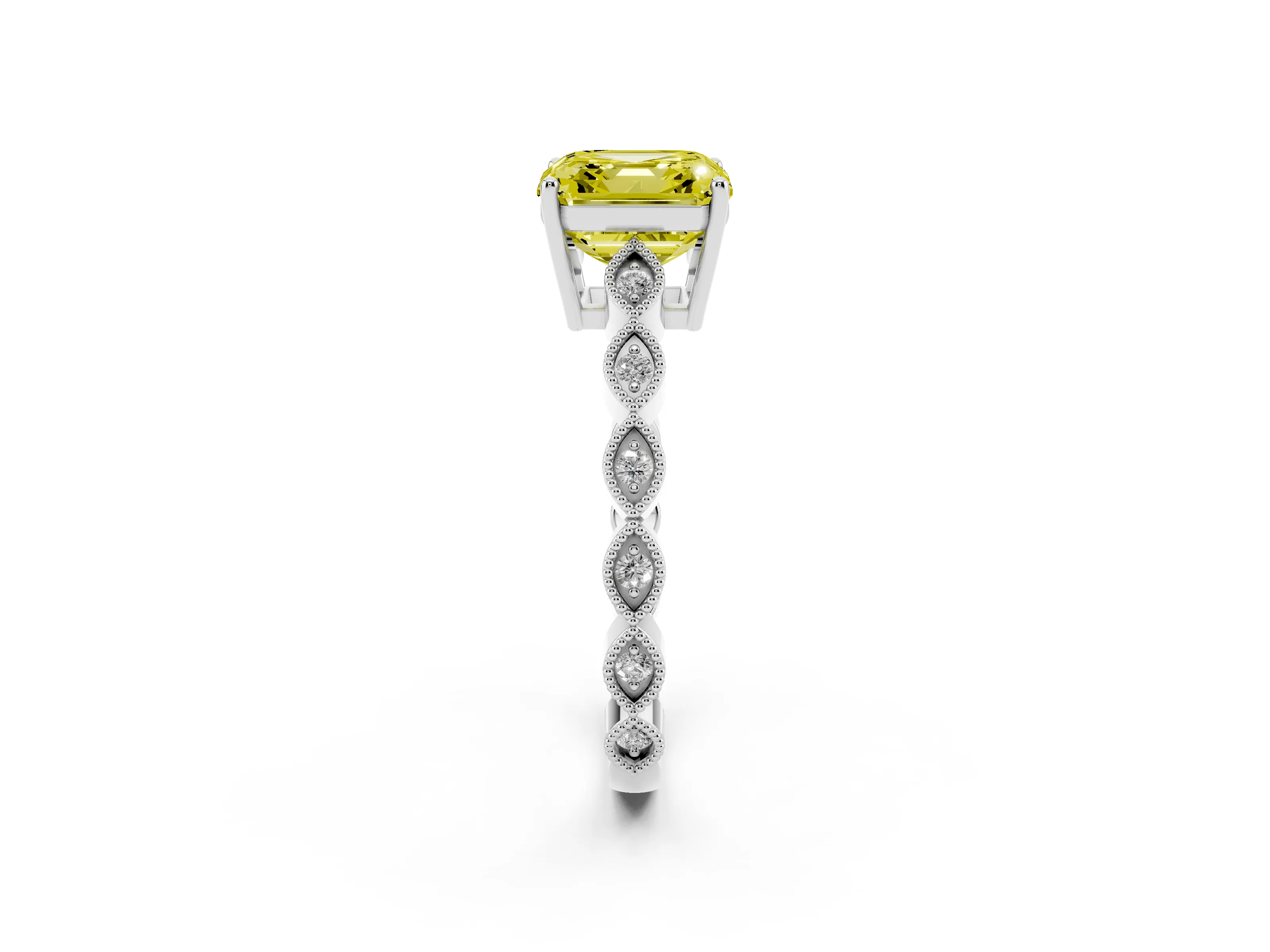 Fancy Yellow Asscher Cut Diamond Solitaire Ring Set in White gold with Infinity Twist Pavé Band
