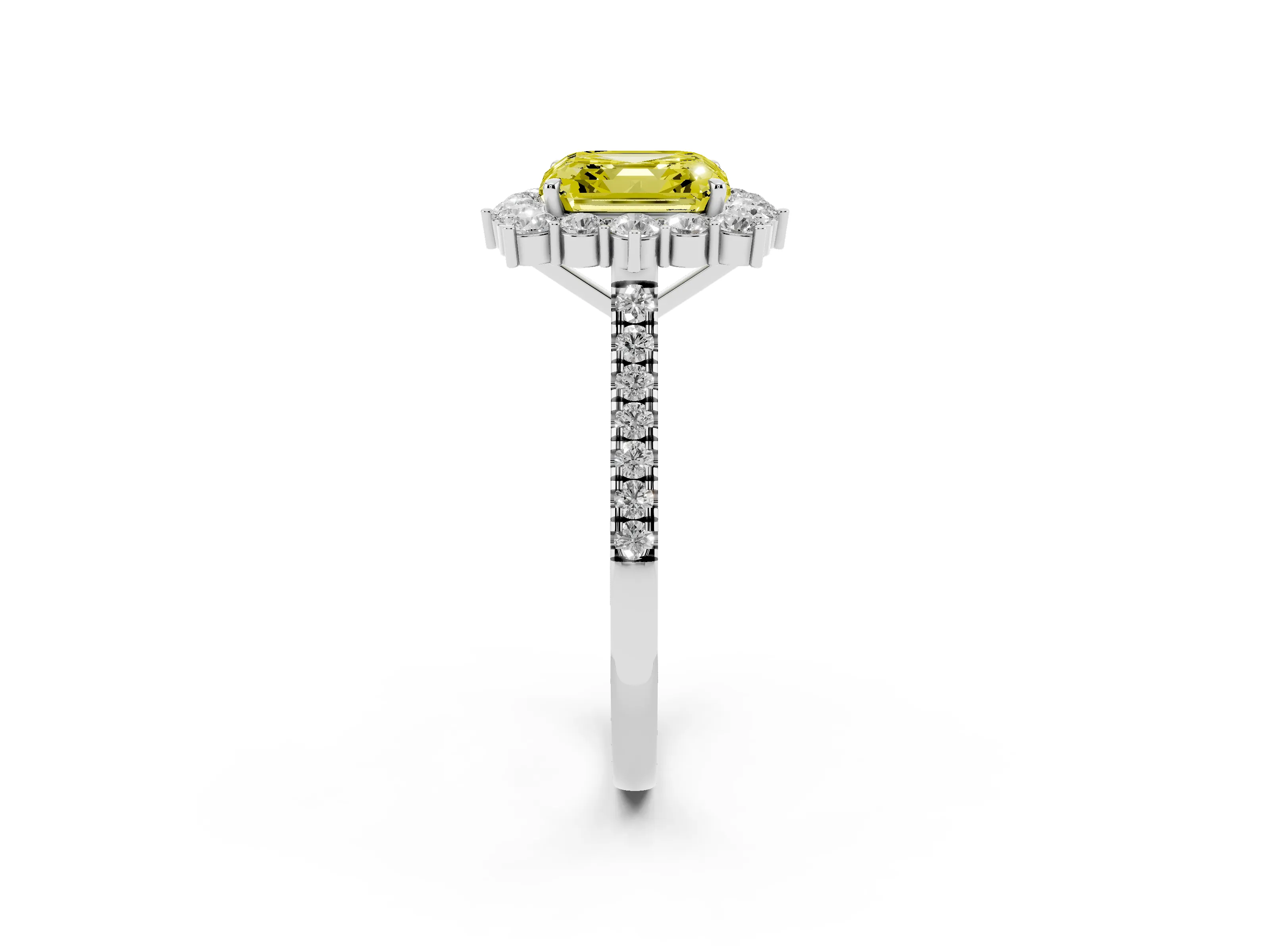 Fancy Yellow Asscher Cut Diamond Halo Ring Set in Platinum with Pavé Band and Prong Setting