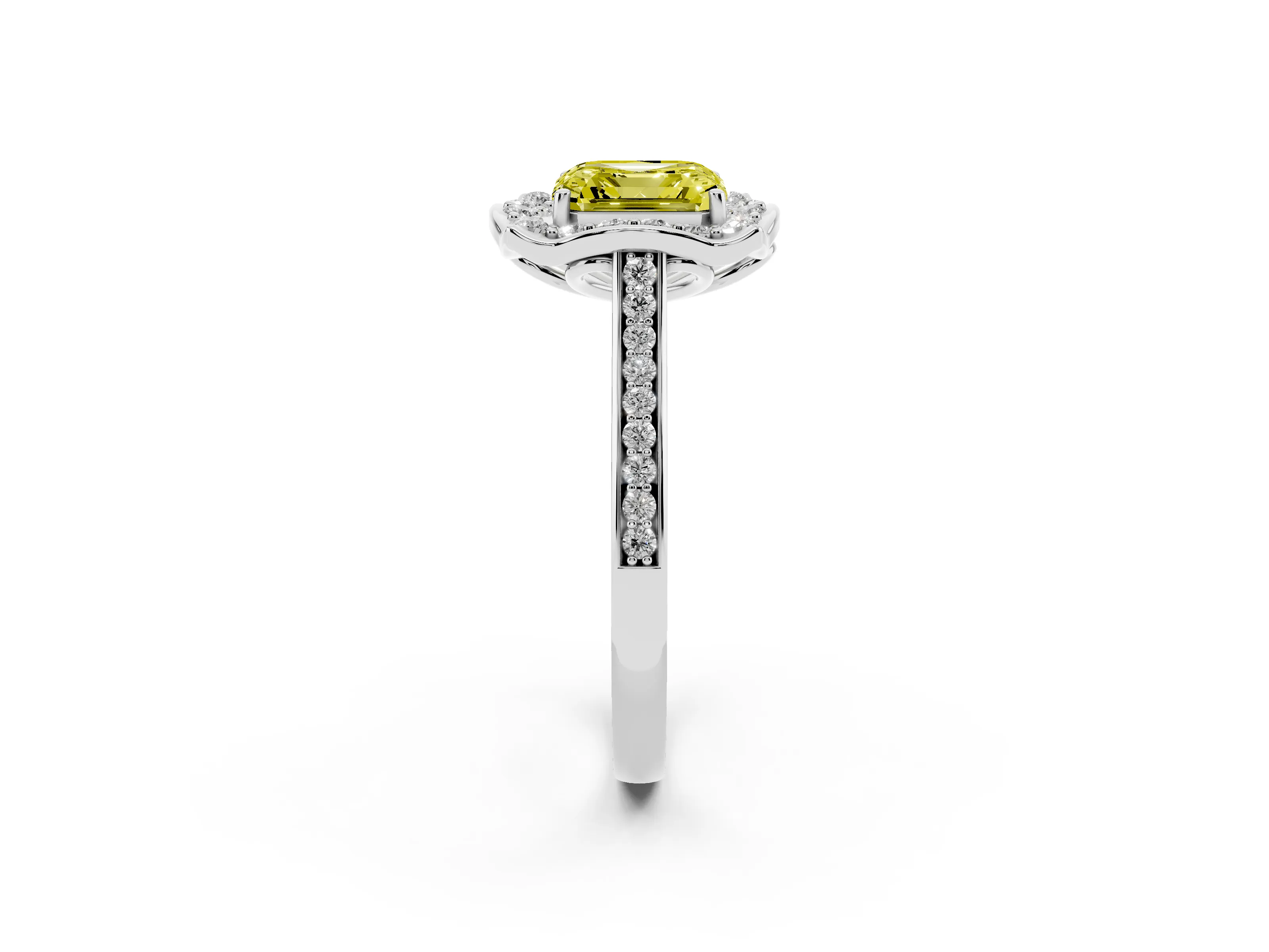 Fancy Yellow Asscher Cut Diamond Halo Ring Set in Platinum with Pavé-Lined Shoulders and Prong Setting