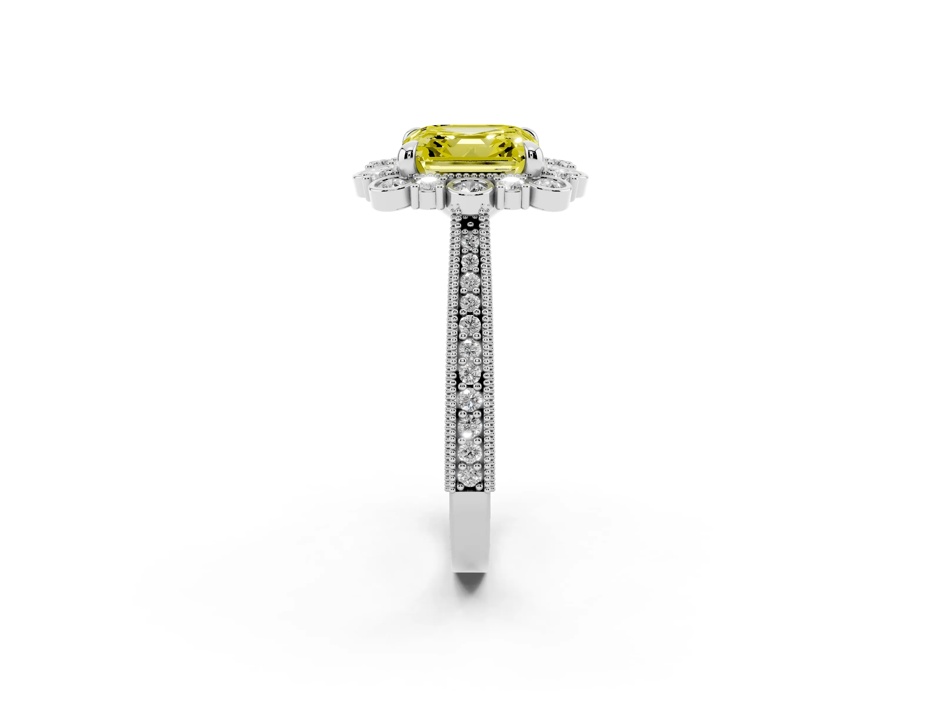 Fancy Yellow Asscher Cut Diamond Halo Milgrain Pavé Ring Set in Silver with Prong Setting
