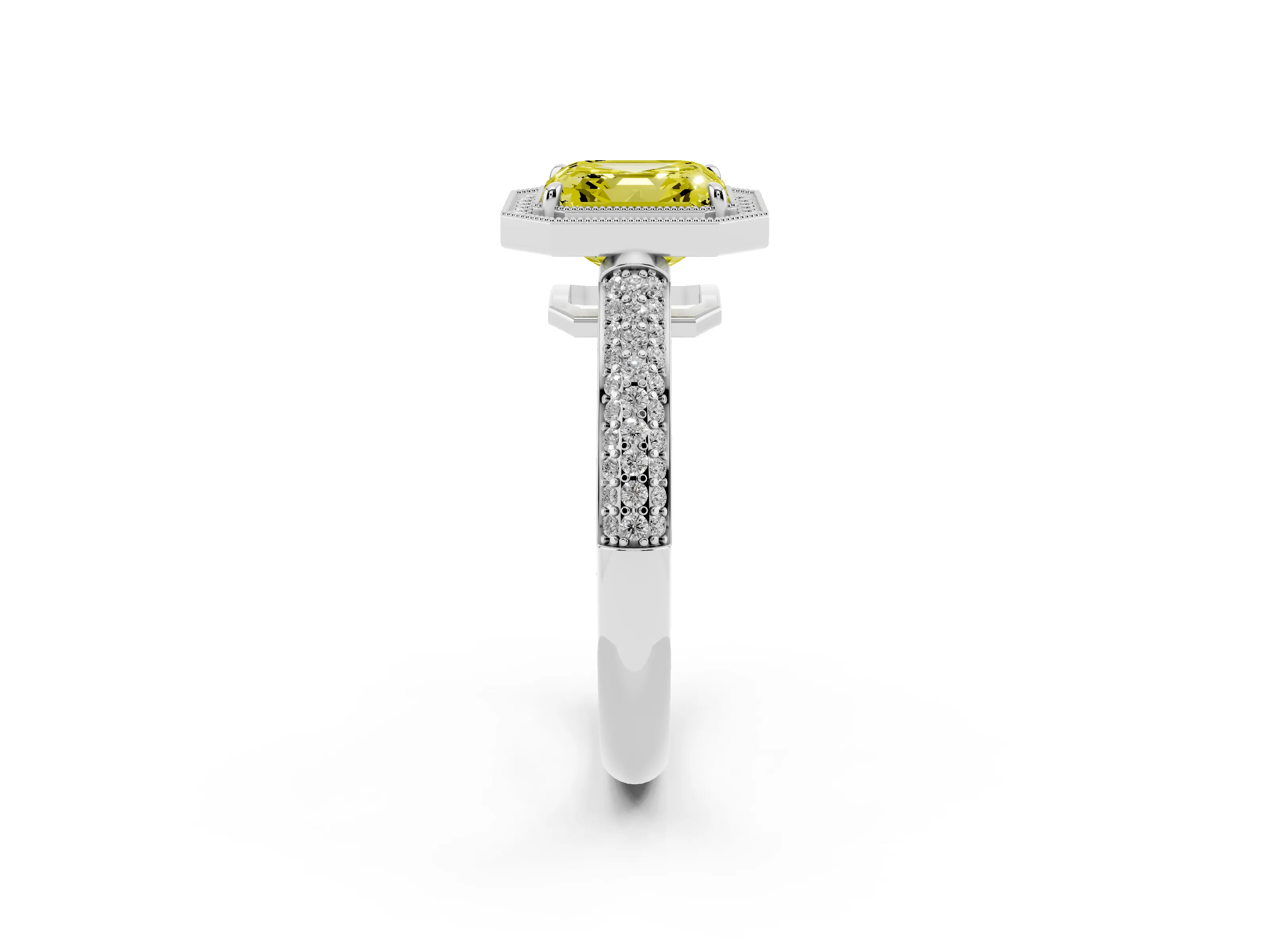 Fancy Yellow Asscher Cut Diamond Halo Pavé Band Set in White gold with Prong Setting