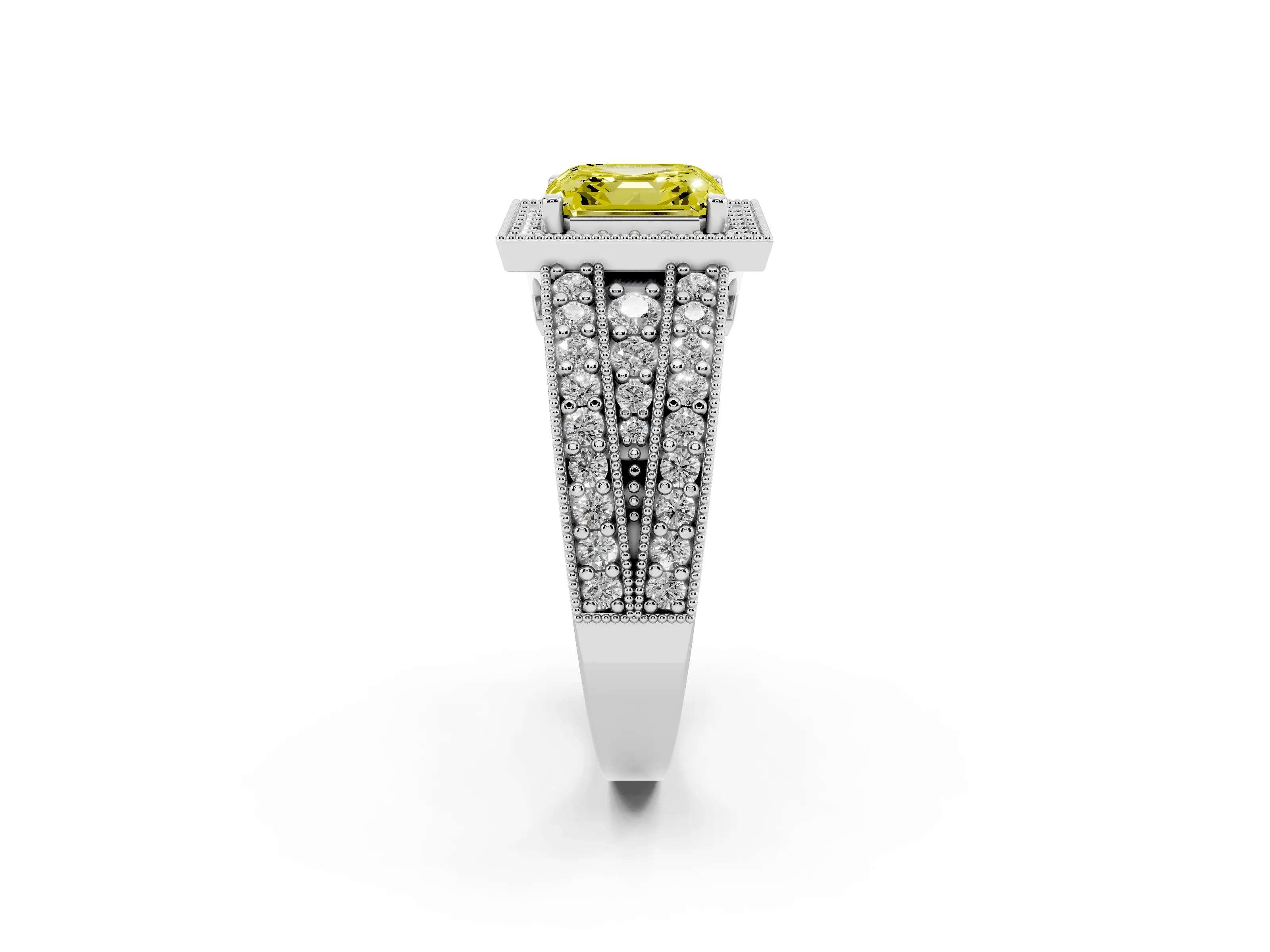 Fancy Yellow Asscher Cut Diamond Halo Ring Set in White gold with Accent Split Shank and Prong Setting