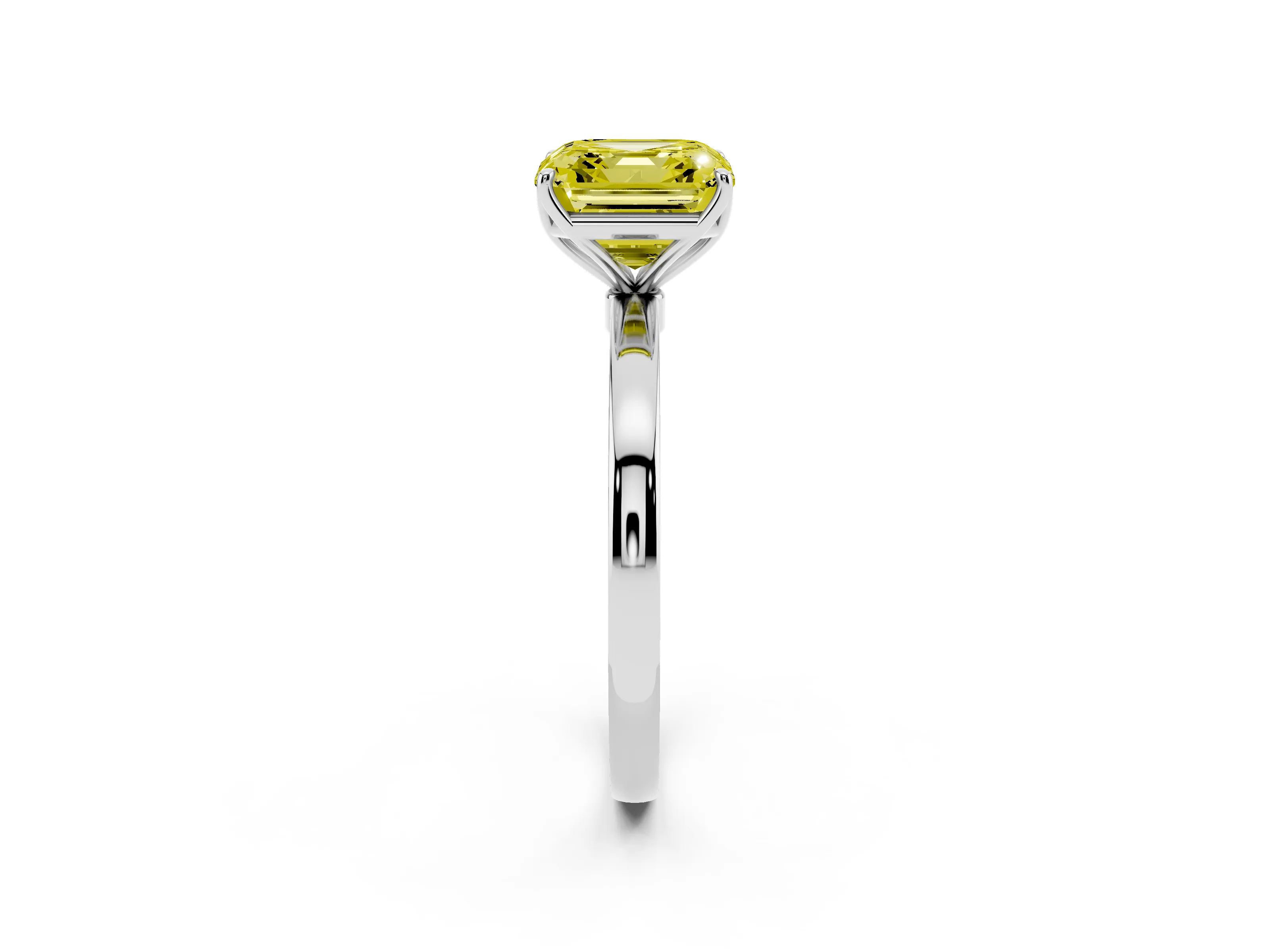 Fancy Yellow Asscher Cut Diamond Solitaire Ring Set in Platinum with Prong Setting and Thin Polished Band