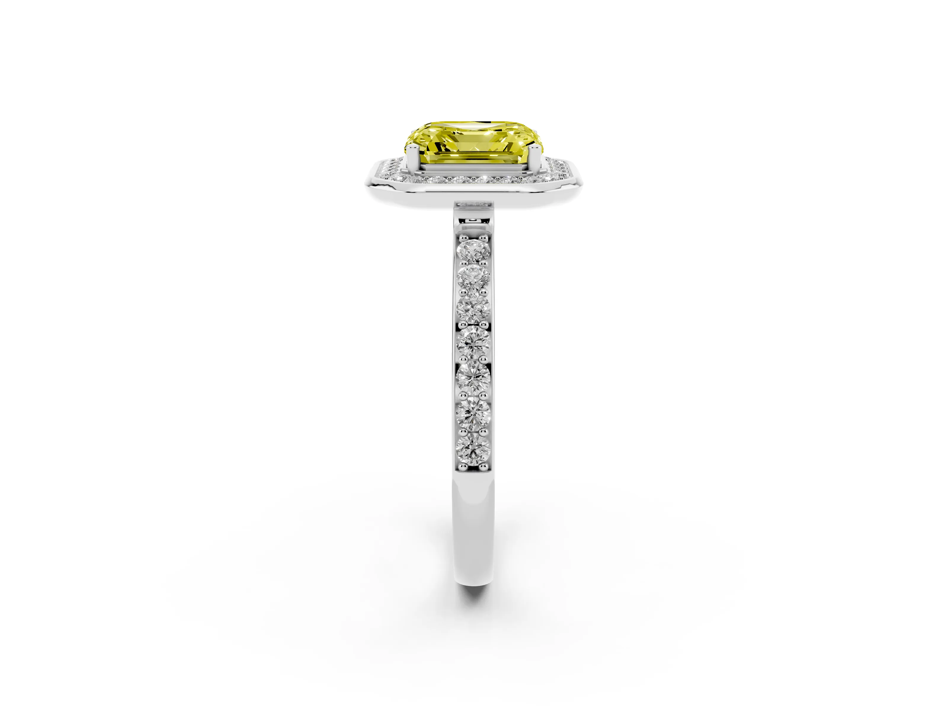 Fancy Yellow Asscher Cut Diamond Halo Ring Set in White gold with Bezel Frame and Pavé Band