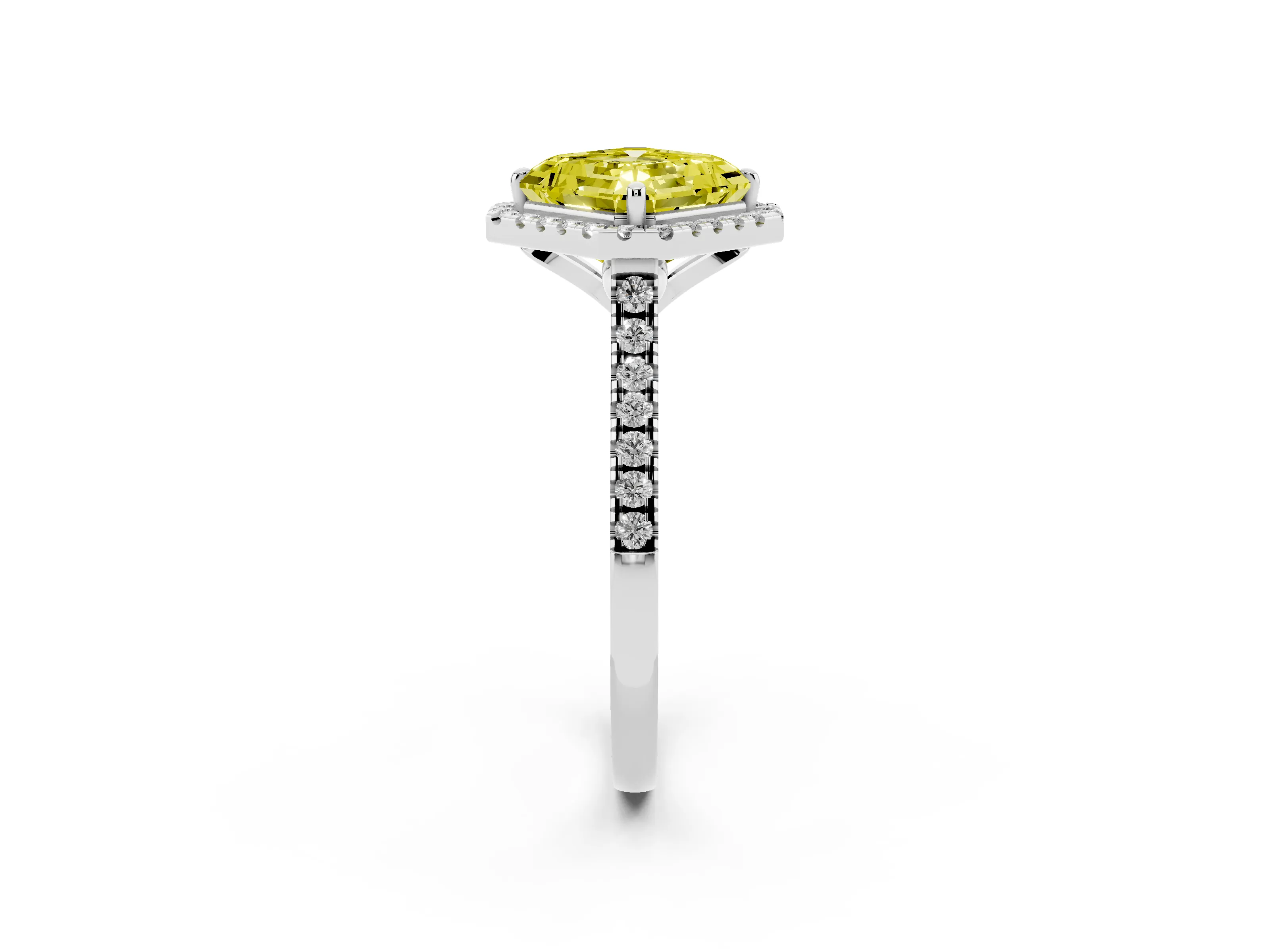 Fancy Yellow Asscher Cut Diamond Cushion Halo Ring Set in Platinum with Pavé Band
