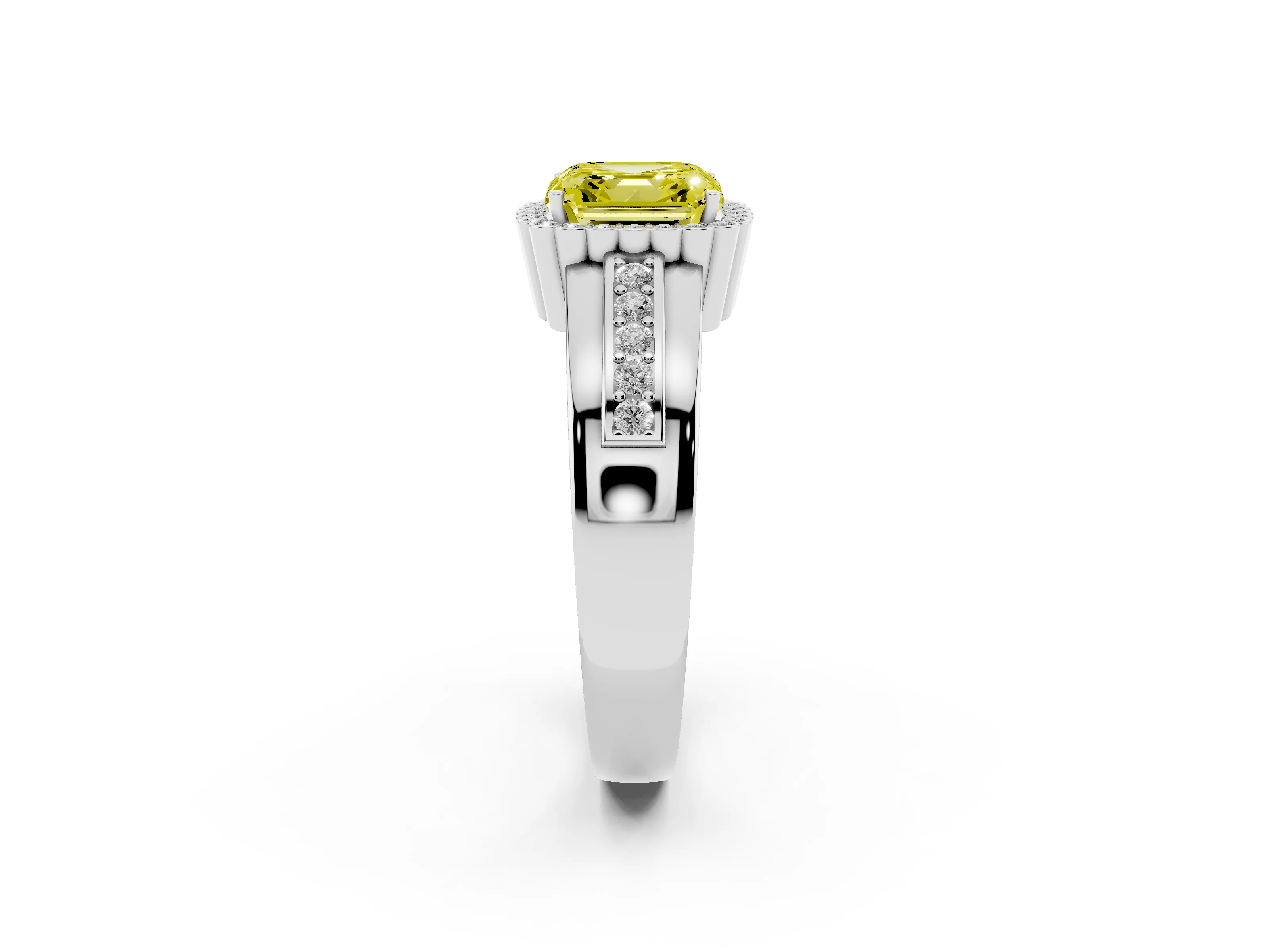 Fancy Yellow Asscher Cut Diamond Halo Prong Ring Set in Platinum with Pavé Band