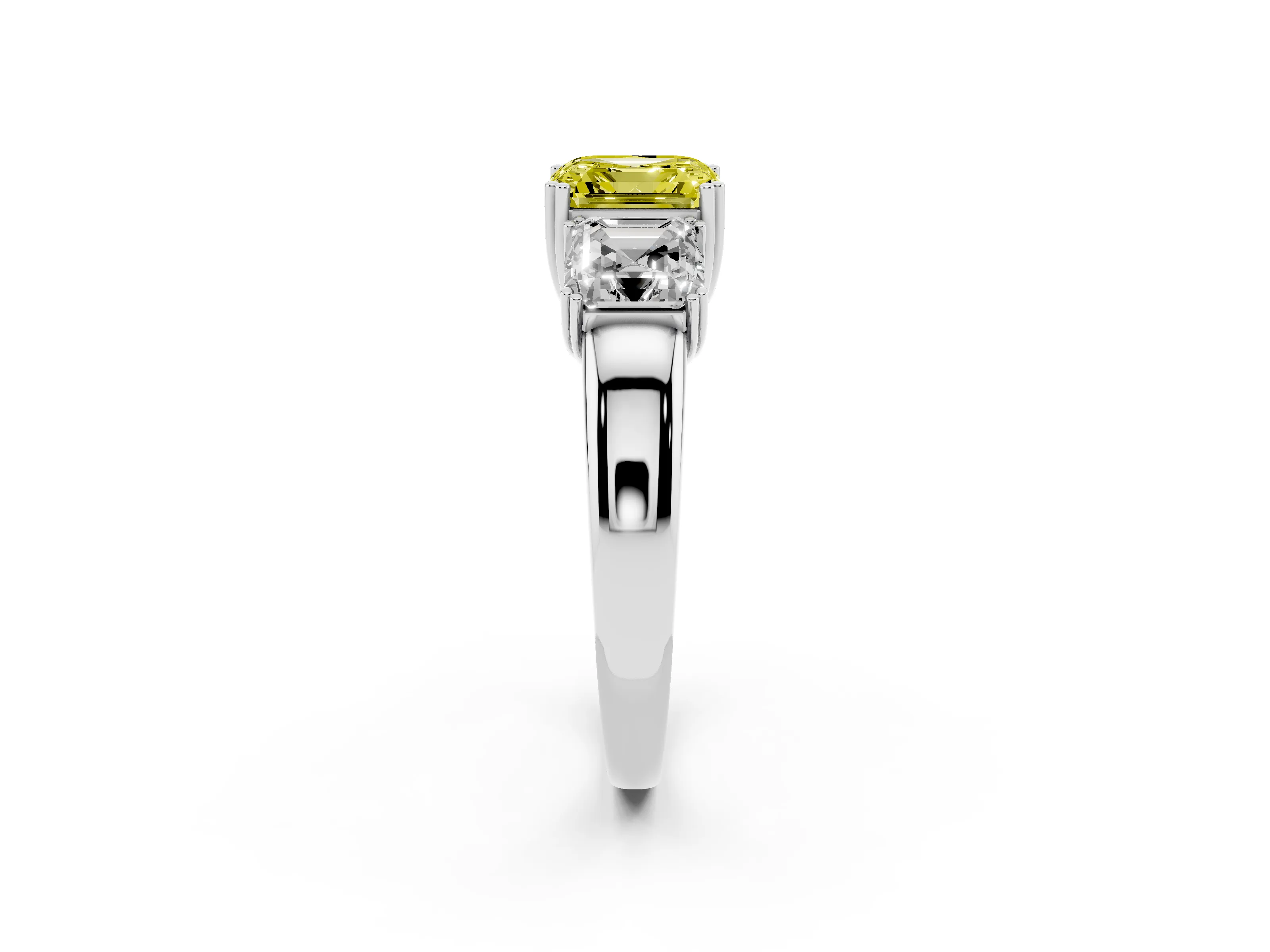 Fancy Yellow Asscher Cut Diamond Three-Stone Ring Set in Silver with Polished Band and Prong Setting