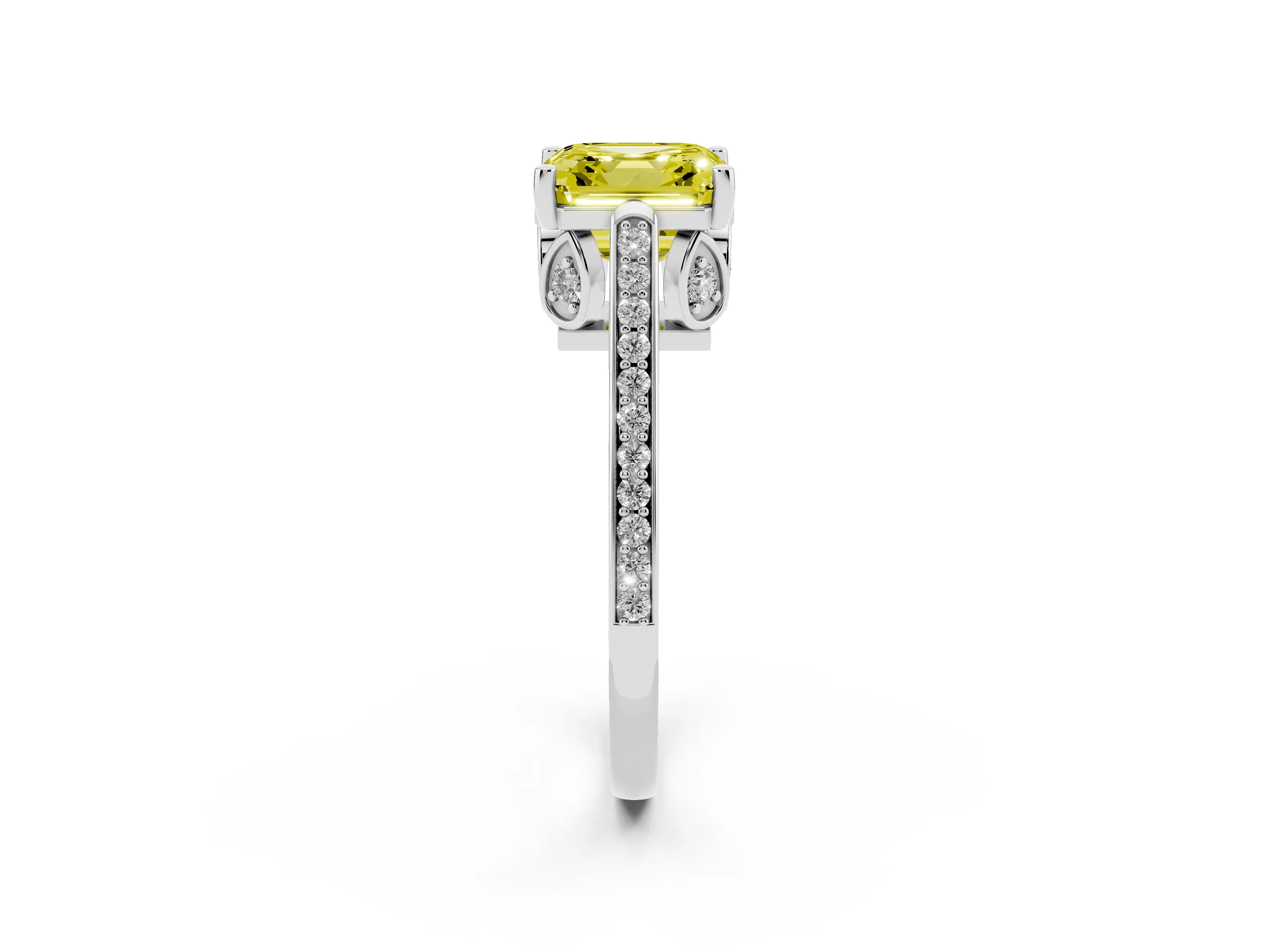 Fancy Yellow Asscher Cut Diamond Cathedral Pavé Engagement Ring Set in Silver with Prong Setting