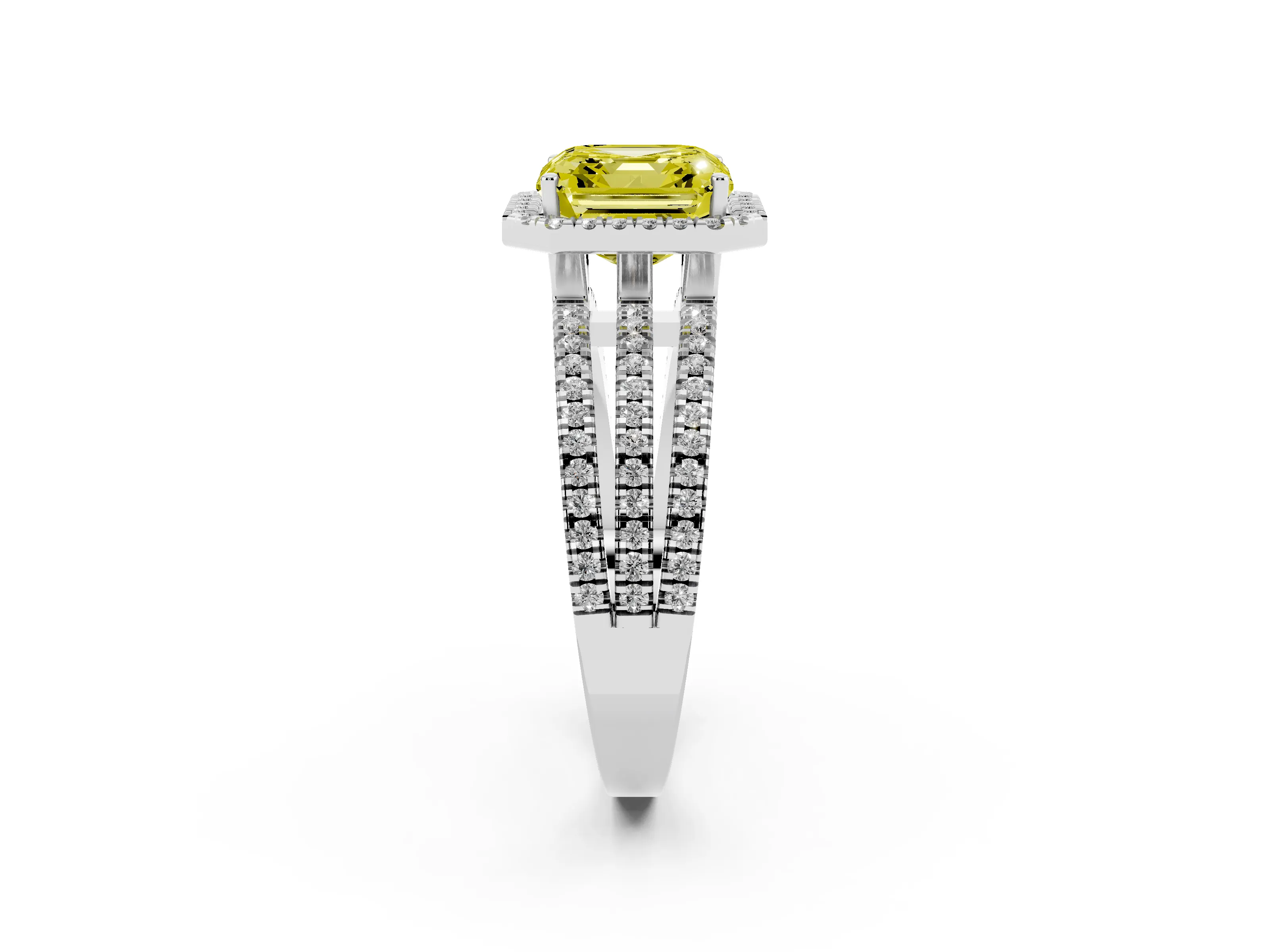 Fancy Yellow Asscher Cut Diamond Halo Split Shank Engagement Ring Set in Silver with Prong Setting
