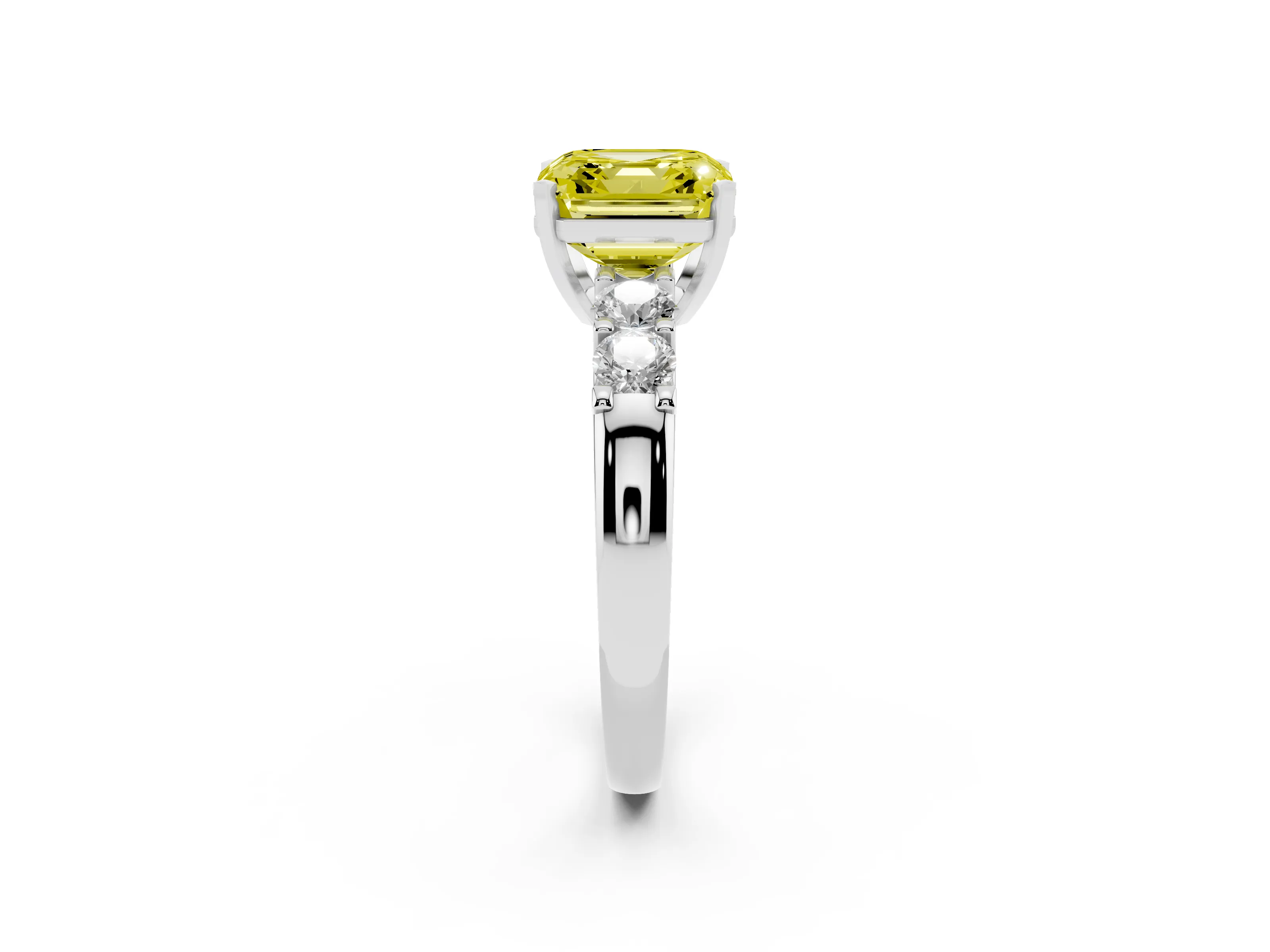 Fancy Yellow Asscher Cut Diamond Five-Stone Prong Set Engagement Ring Set in White gold with Channel Band