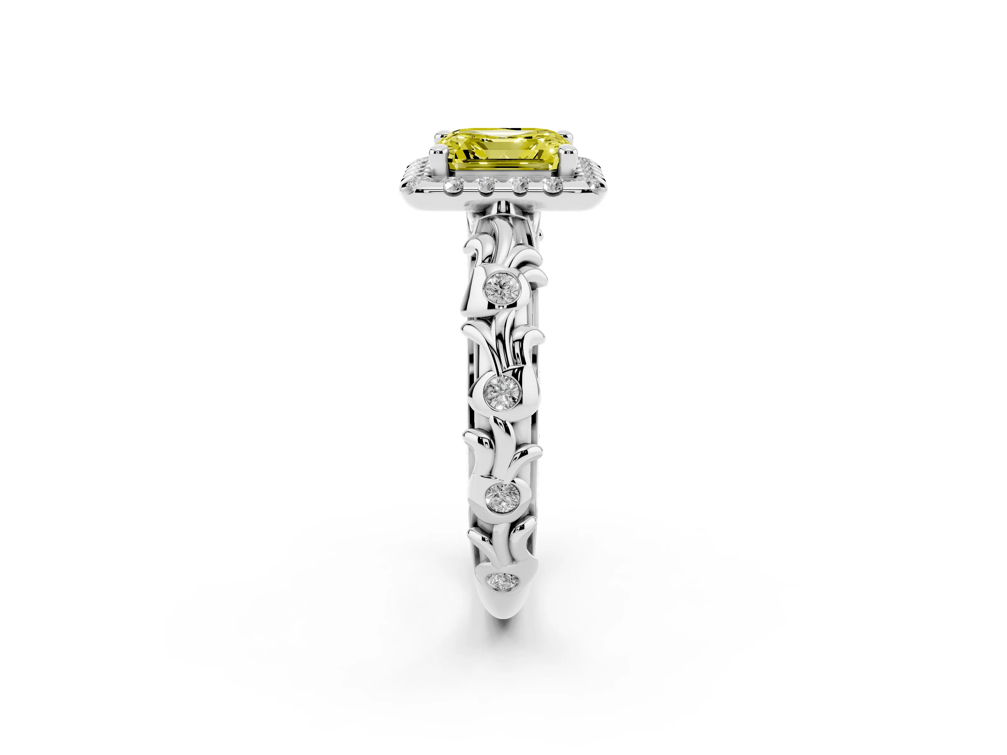Fancy Yellow Asscher Cut Diamond Halo Ring Set in Platinum with Filigree Leaf Band and Prong Setting