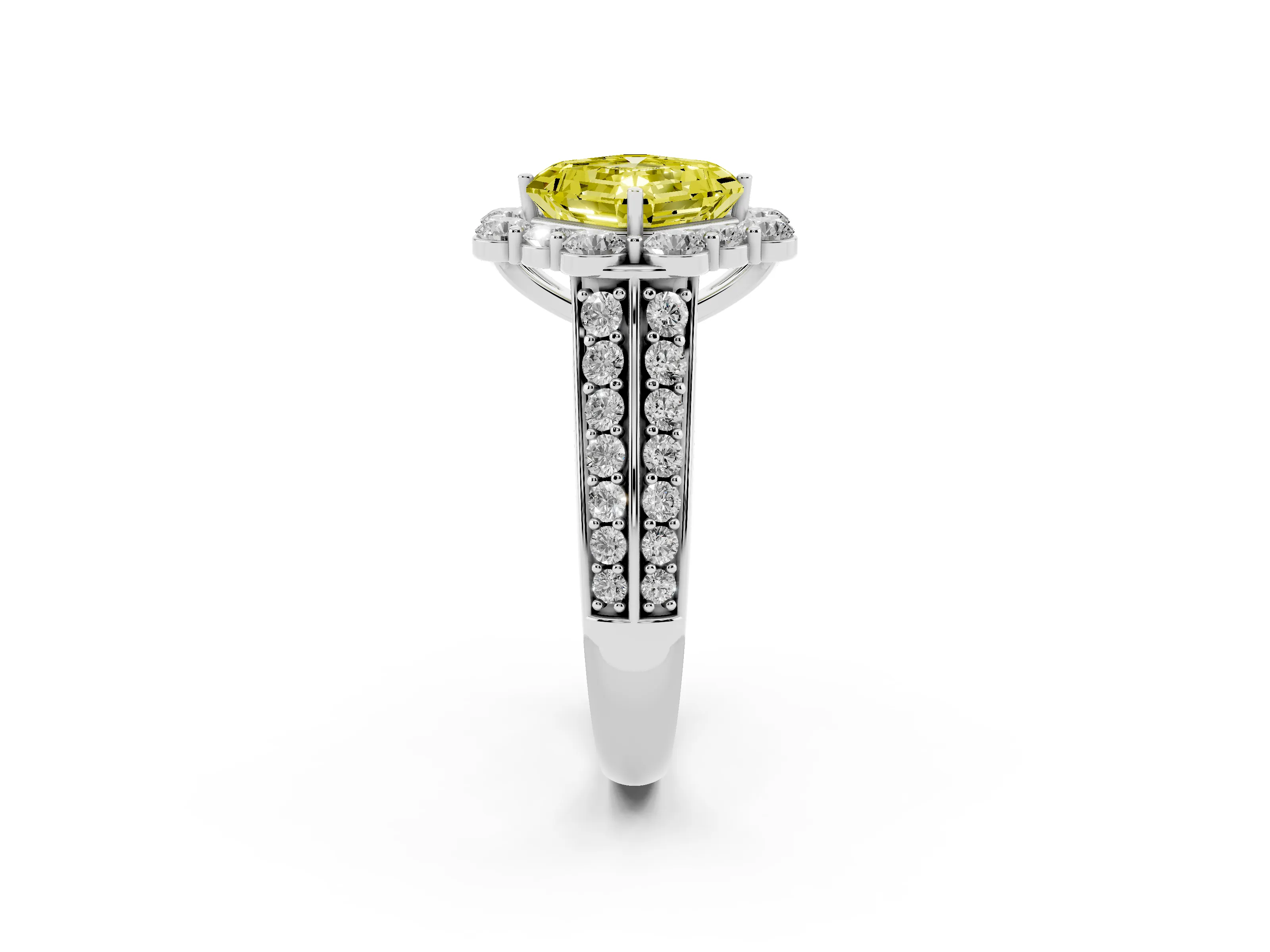 Fancy Yellow Asscher Cut Diamond Halo Engagement Ring Set in Silver with Split Shank and Prong Setting