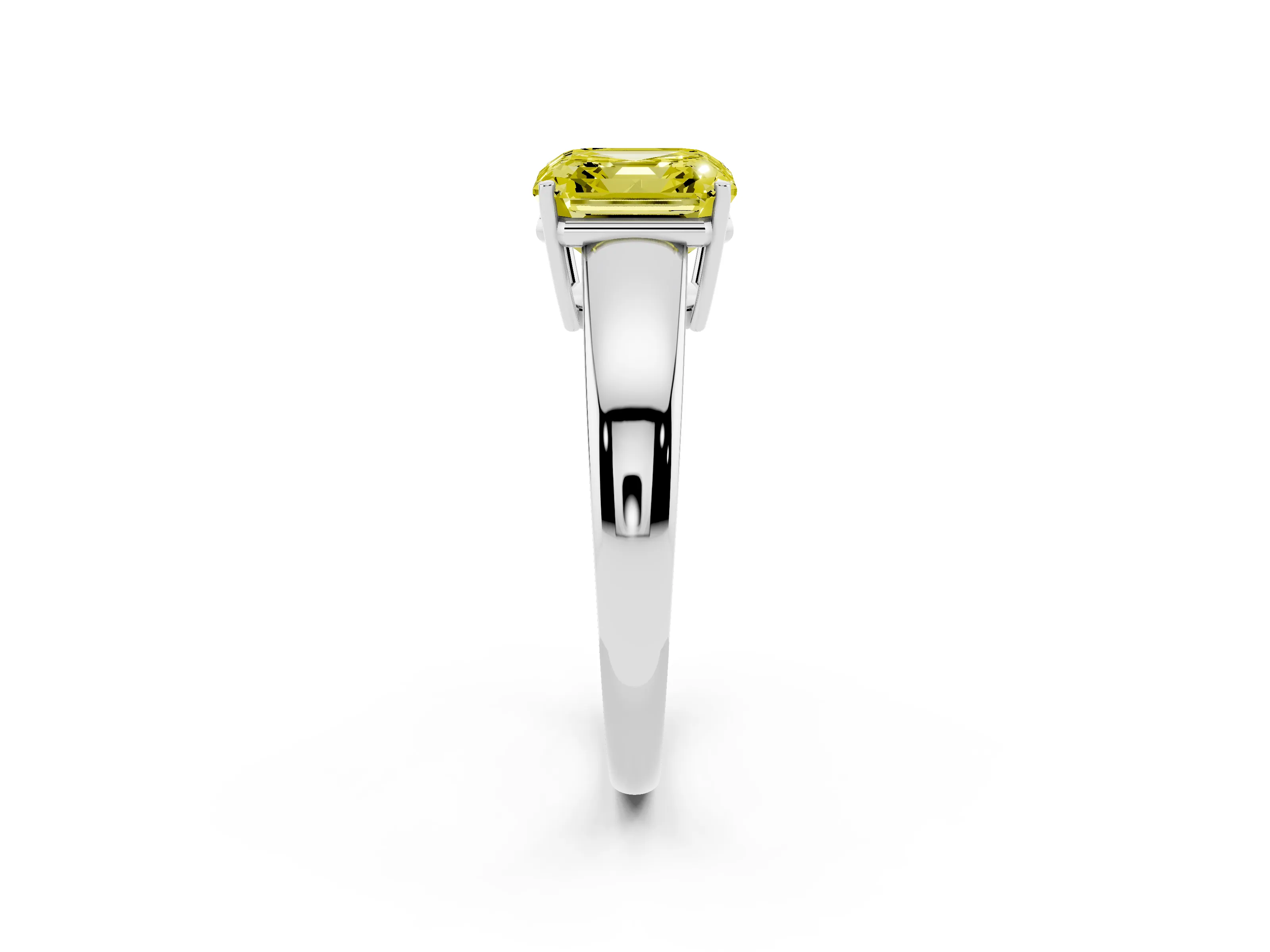 Fancy Yellow Asscher Cut Diamond Solitaire Ring Set in White gold with Tapered Band and Prong Setting