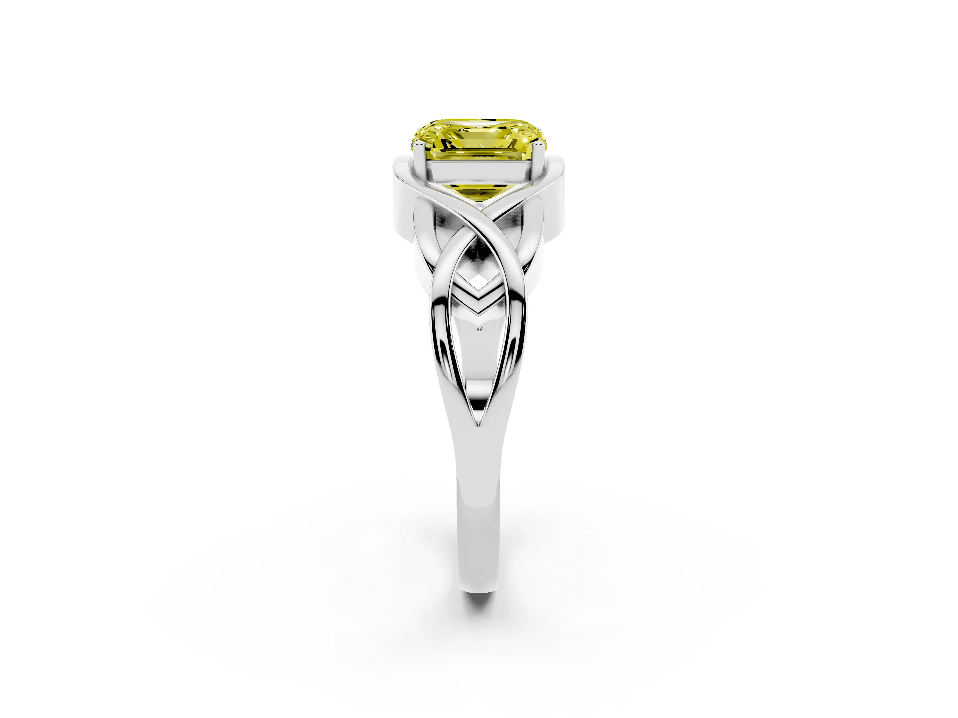 Fancy Yellow Asscher Cut Diamond Solitaire Ring Set in Silver with Intertwined Band