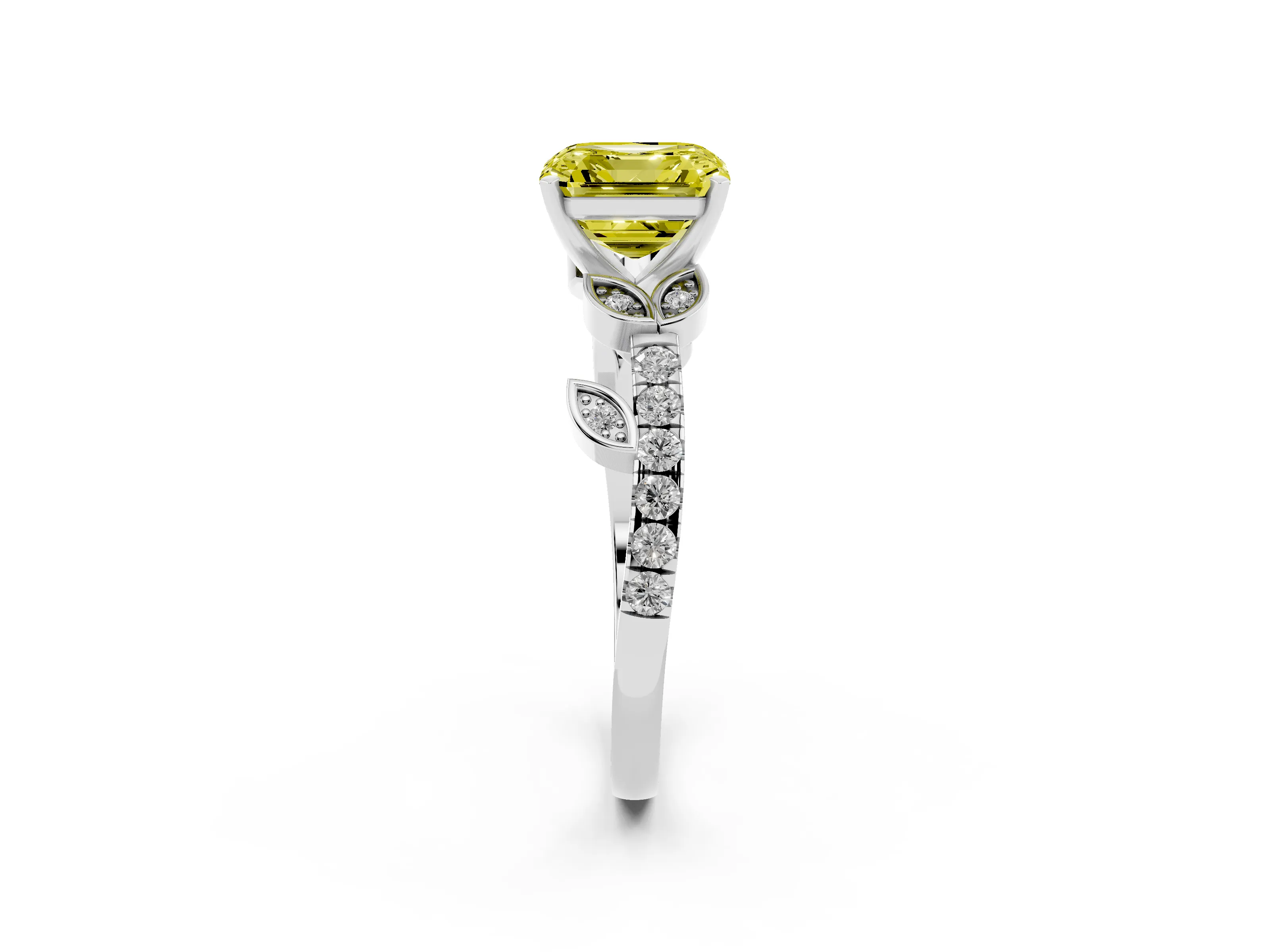 Fancy Yellow Asscher Cut Diamond Solitaire Leaf-Inspired Ring Set in Silver with Pavé Band and Prong Setting
