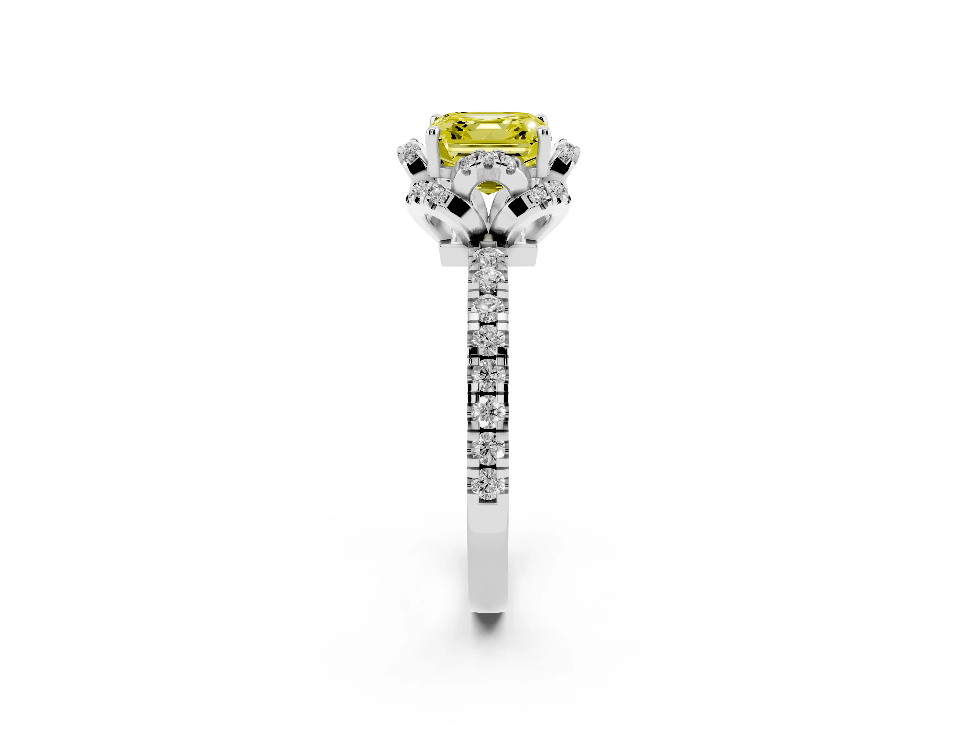 Fancy Yellow Asscher Cut Diamond Halo Pavé Ring Set in Platinum with Prong-Held Center Stone