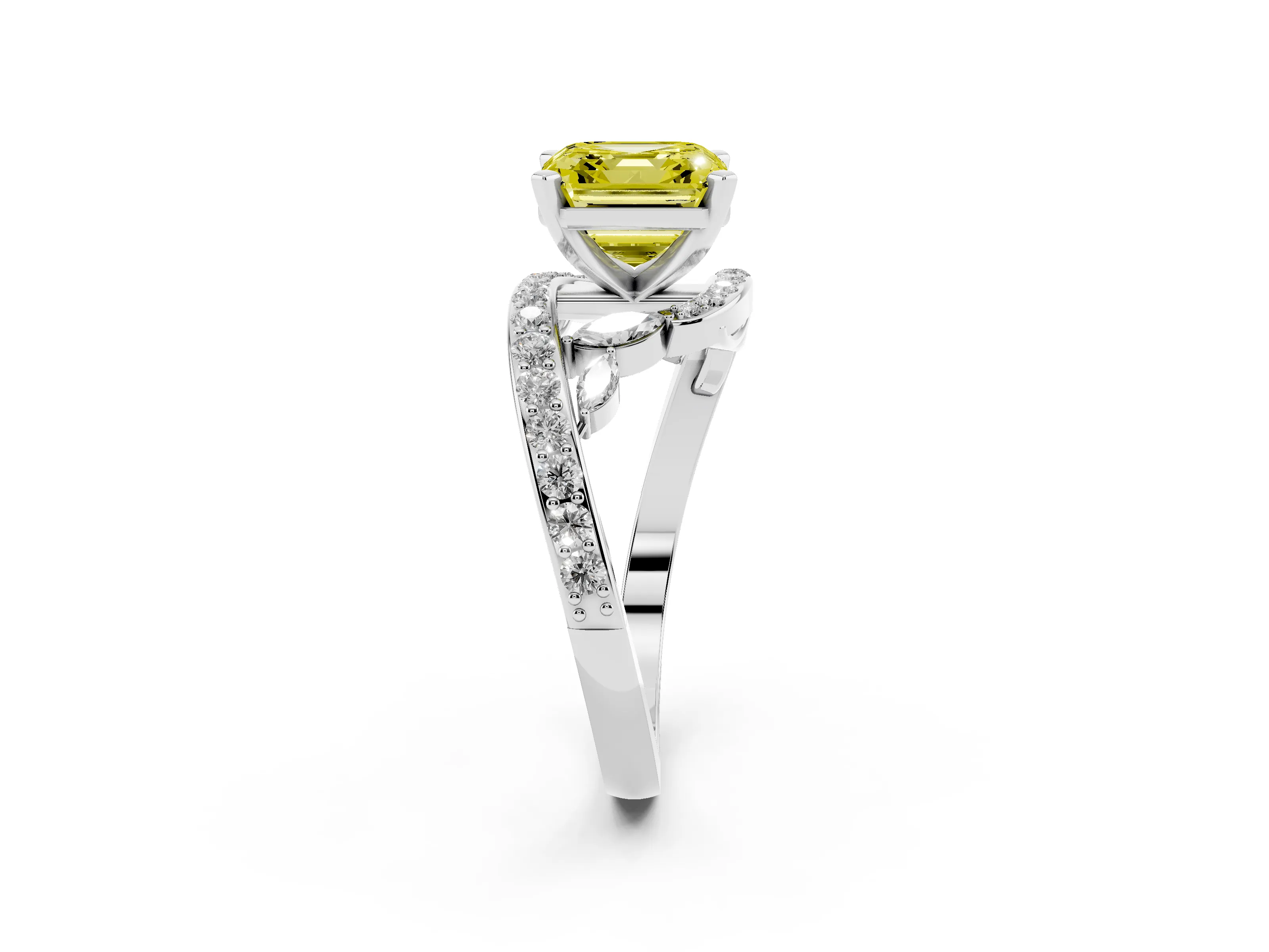 Fancy Yellow Asscher Cut Diamond Solitaire Ring Set in Silver with Pavé Twist Band and Secure Prong Setting