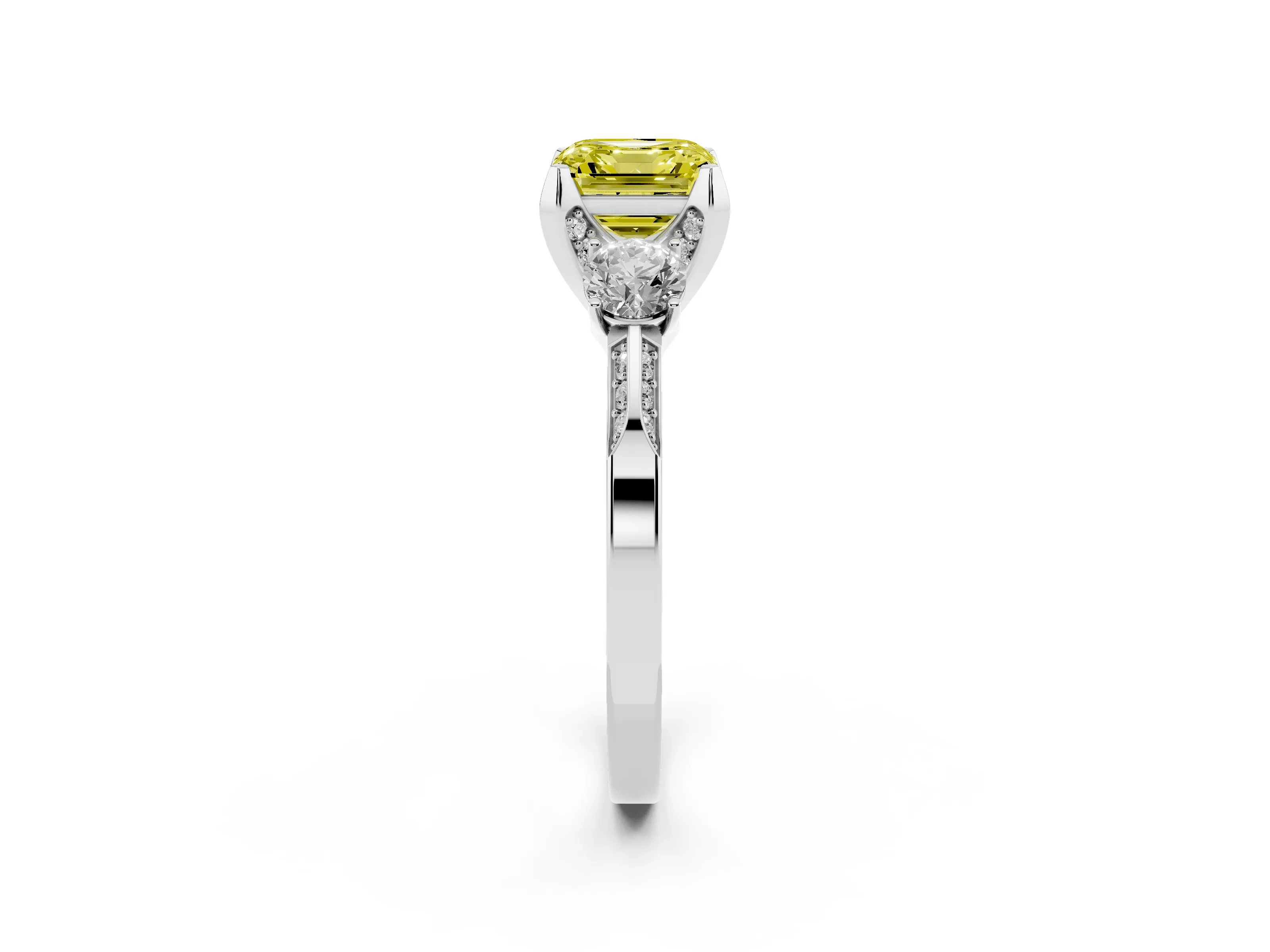 Fancy Yellow Asscher Cut Diamond Three-Stone Ring Set in Silver with Pavé Band and Smaller Side Stones