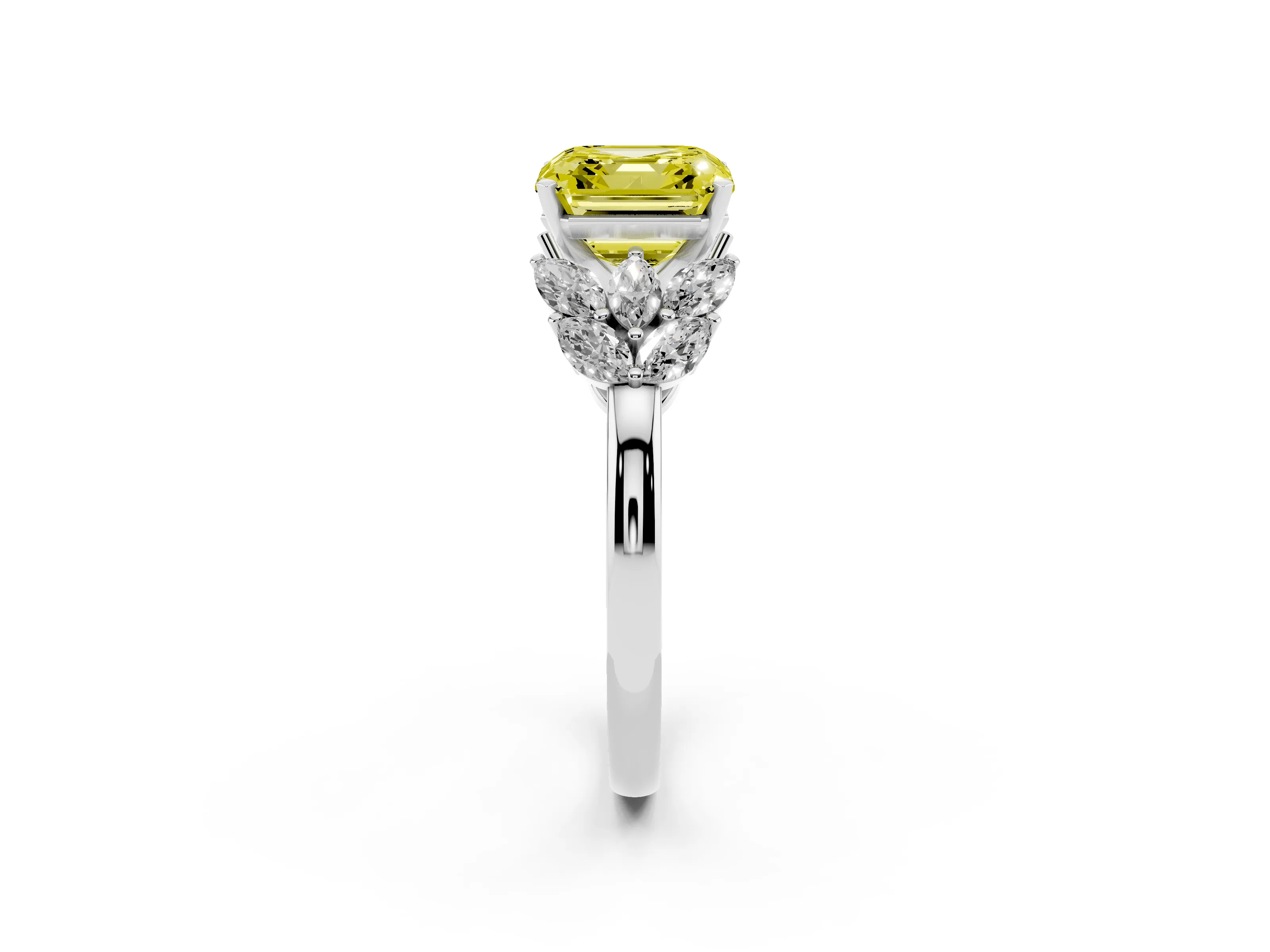 Fancy Yellow Asscher Cut Diamond Cluster Leaf Design Ring Set in White gold with Prong Setting