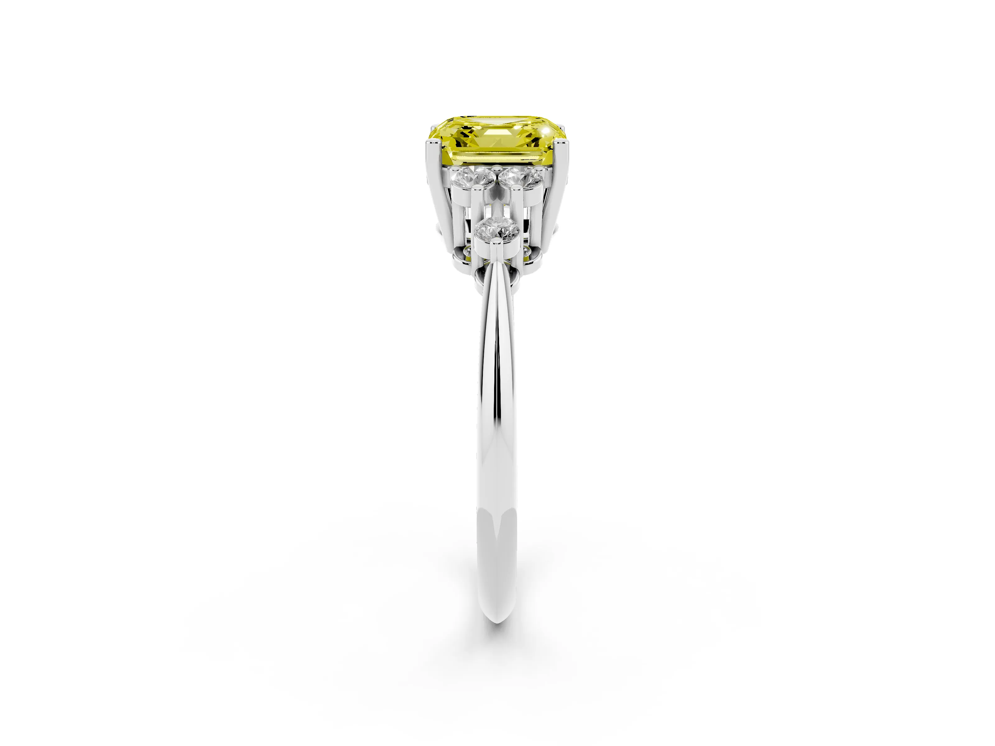 Fancy Yellow Asscher Cut Diamond Cluster Ring Set in White gold with Plain Band and Prong Setting