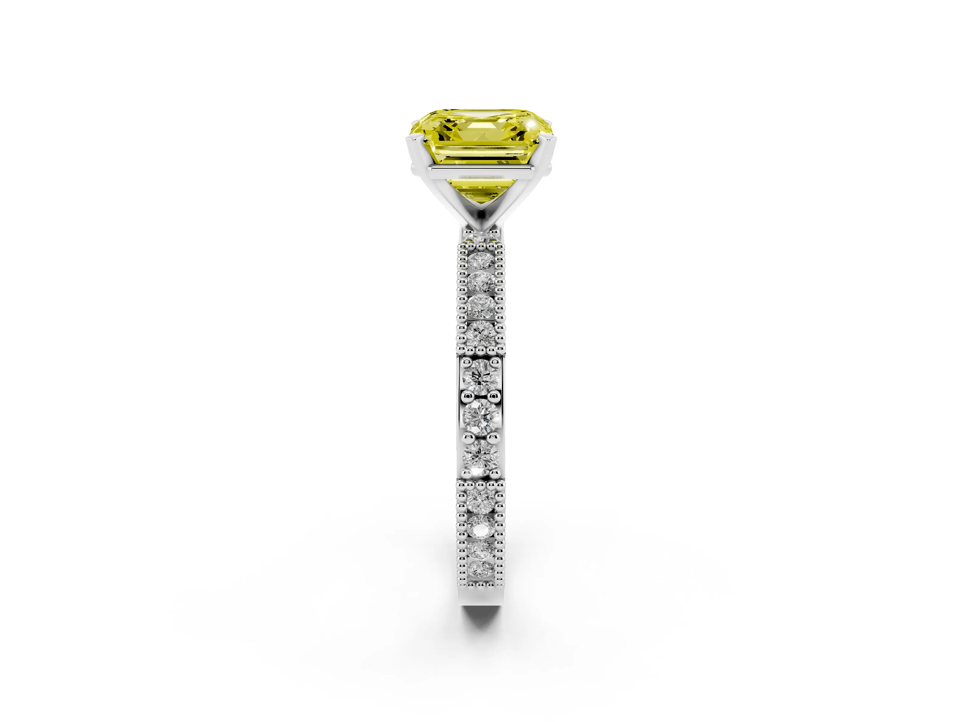 Fancy Yellow Asscher Cut Diamond Solitaire Ring Set in Silver with Slim Pavé Band and Prong Setting