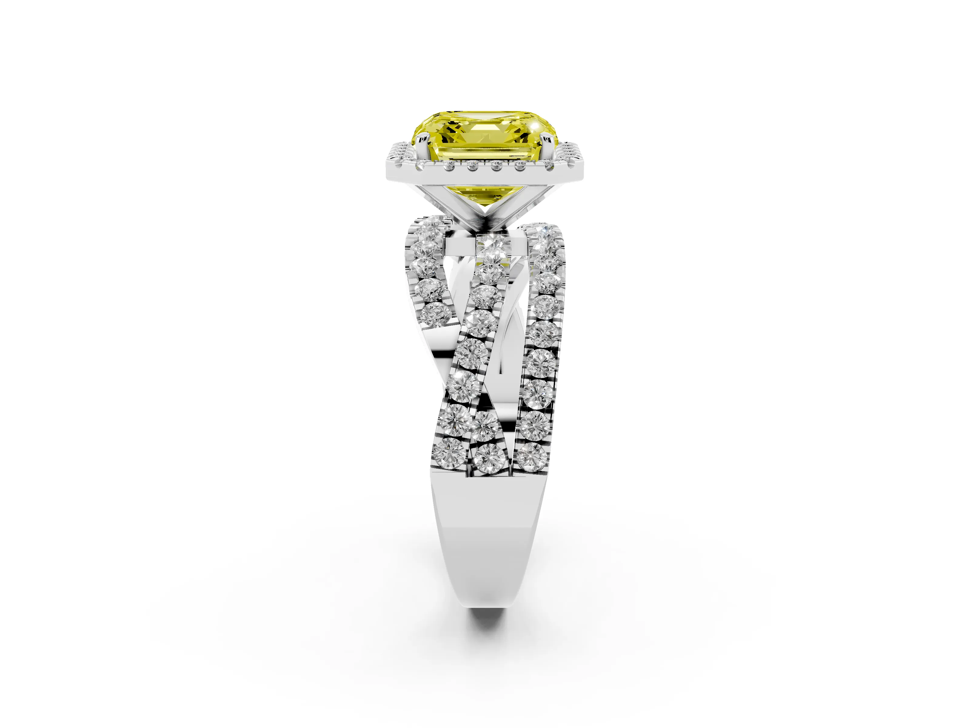 Fancy Yellow Asscher Cut Diamond Halo Ring Set in Platinum with Round Crossover Split Shank and Prong Setting