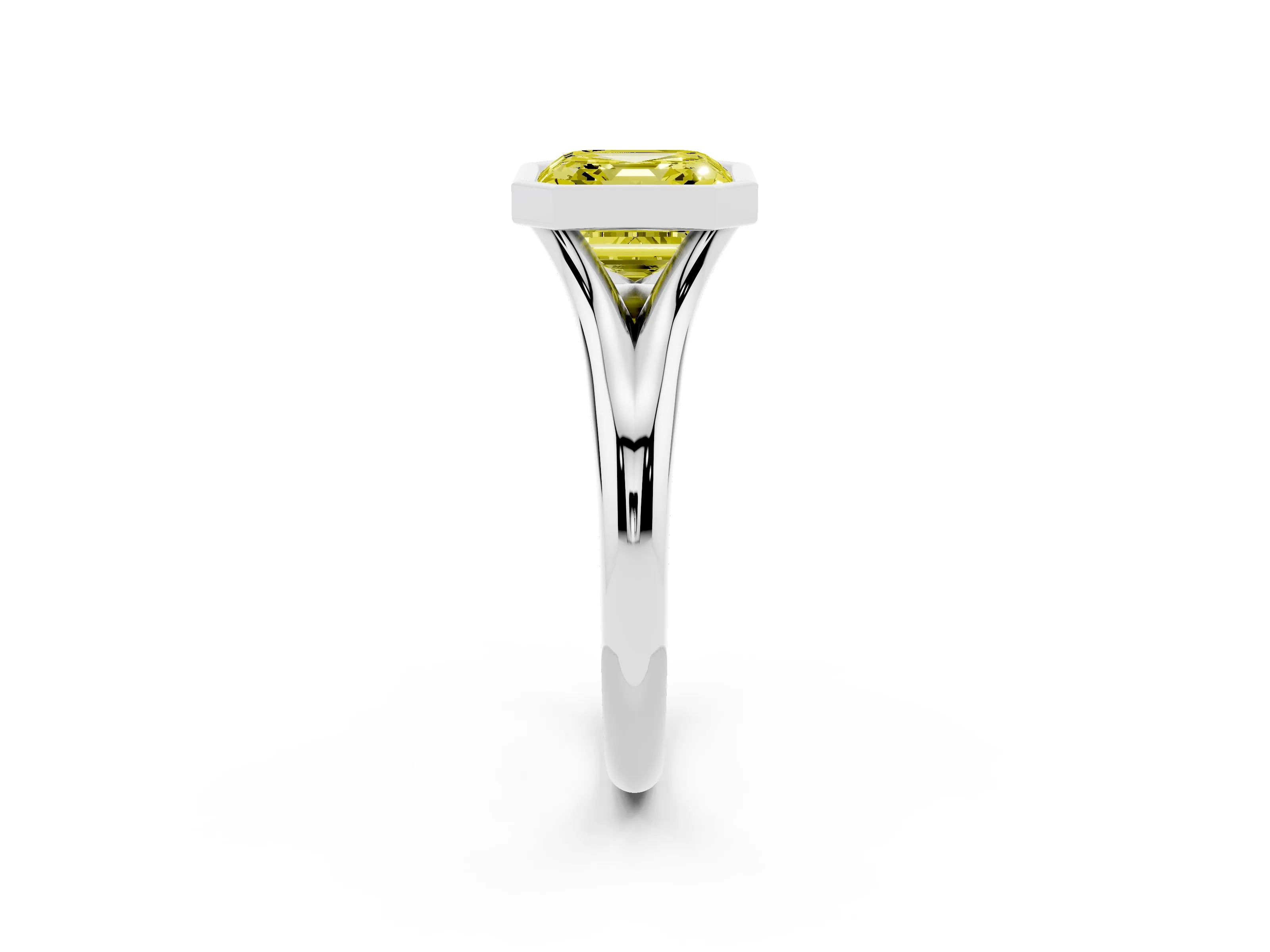 Fancy Yellow Bezel Set Asscher Cut Diamond Solitaire Ring Set in Silver with Smooth Band