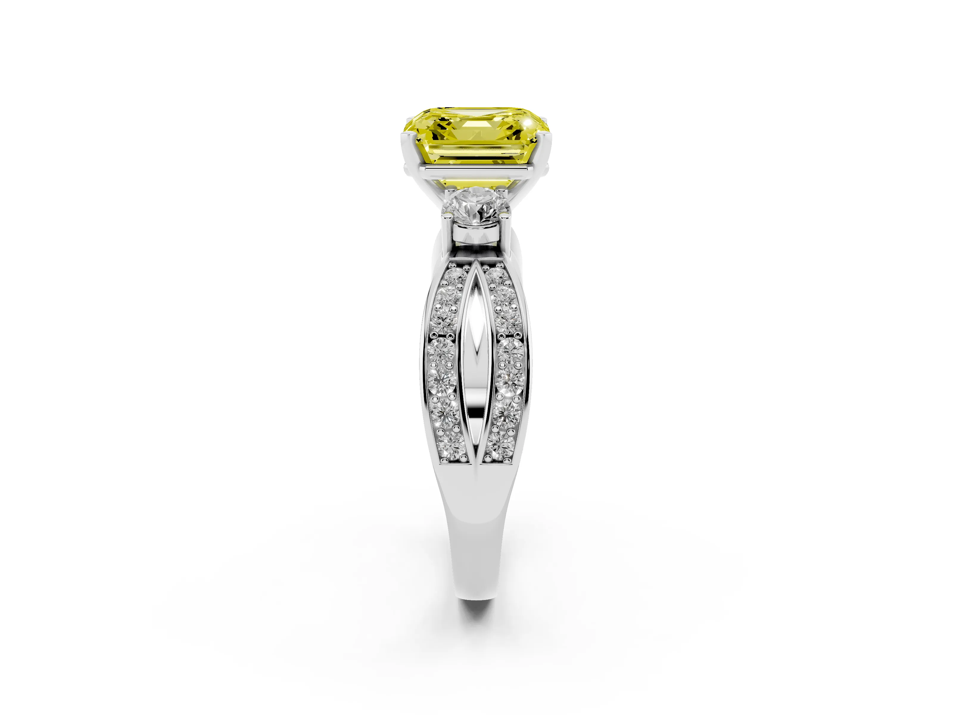 Fancy Yellow Three-Stone Asscher Cut Diamond Twist Band Ring Set in Platinum with Pavé Accents and Prong Setting