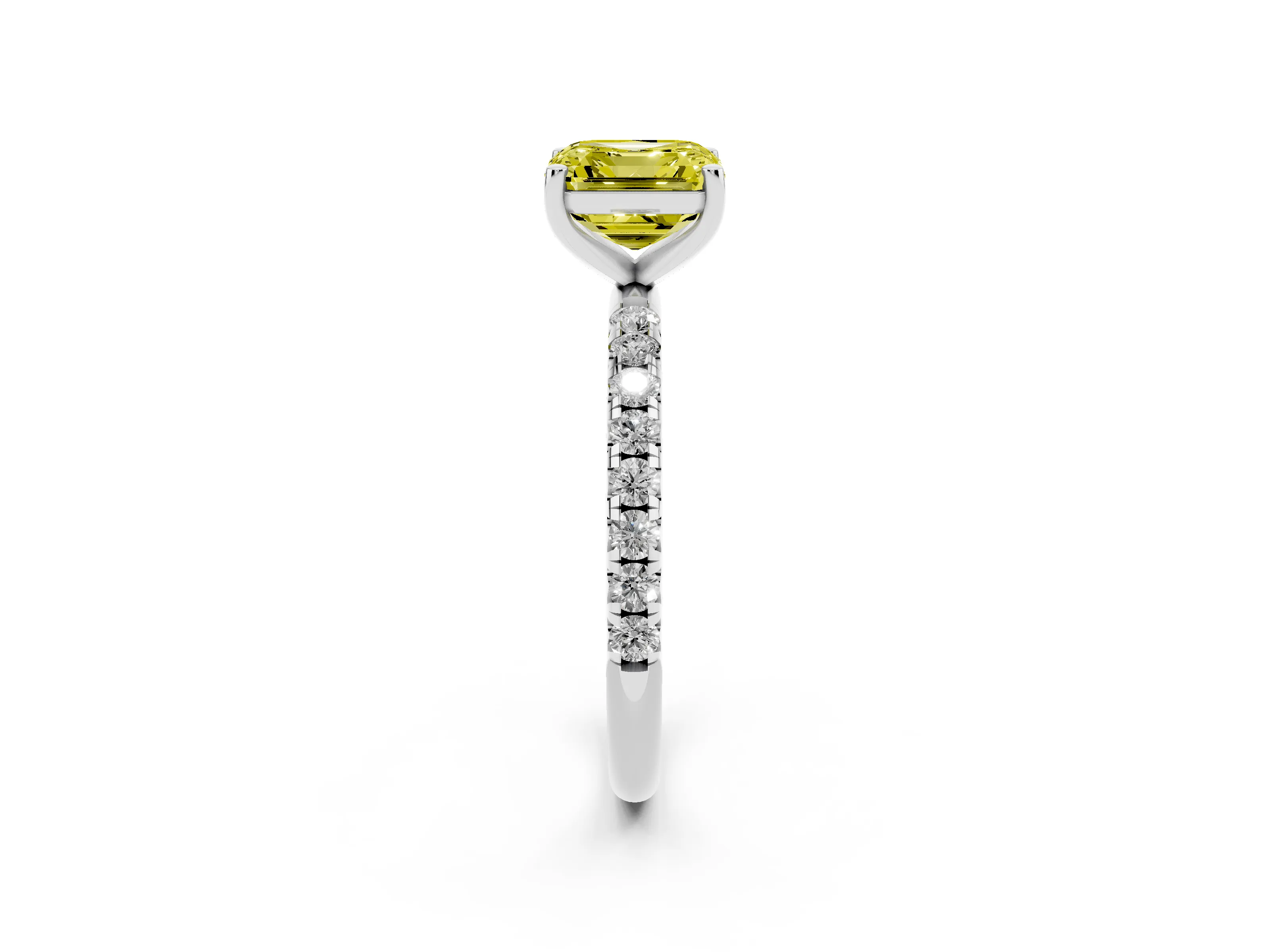 Fancy Yellow Asscher Cut Diamond Solitaire Ring Set in Silver with Micro Pavé Band and Prong Setting