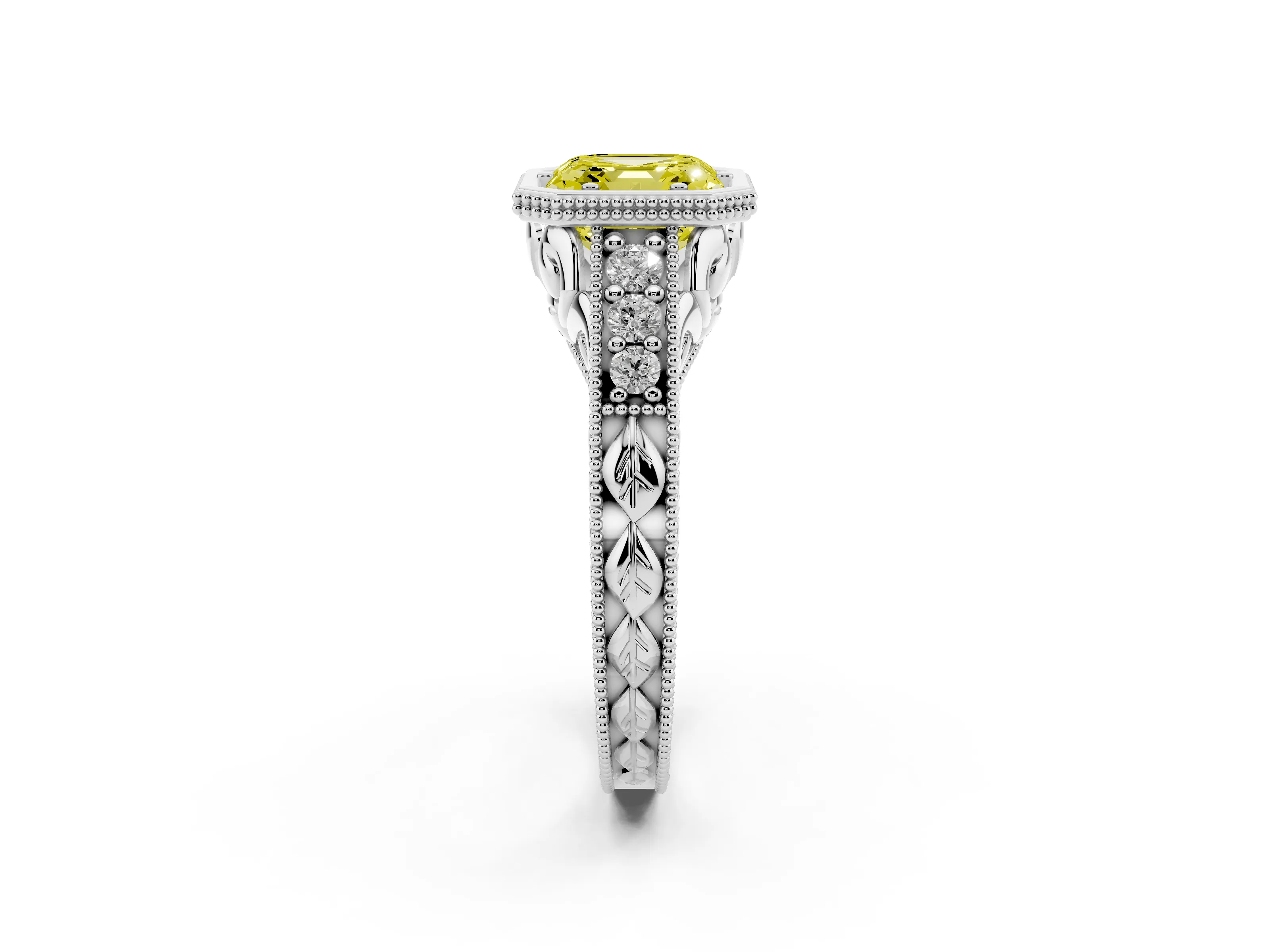Fancy Yellow Bezel Set Asscher Cut Diamond Milgrain Pavé Engagement Ring Set in Silver