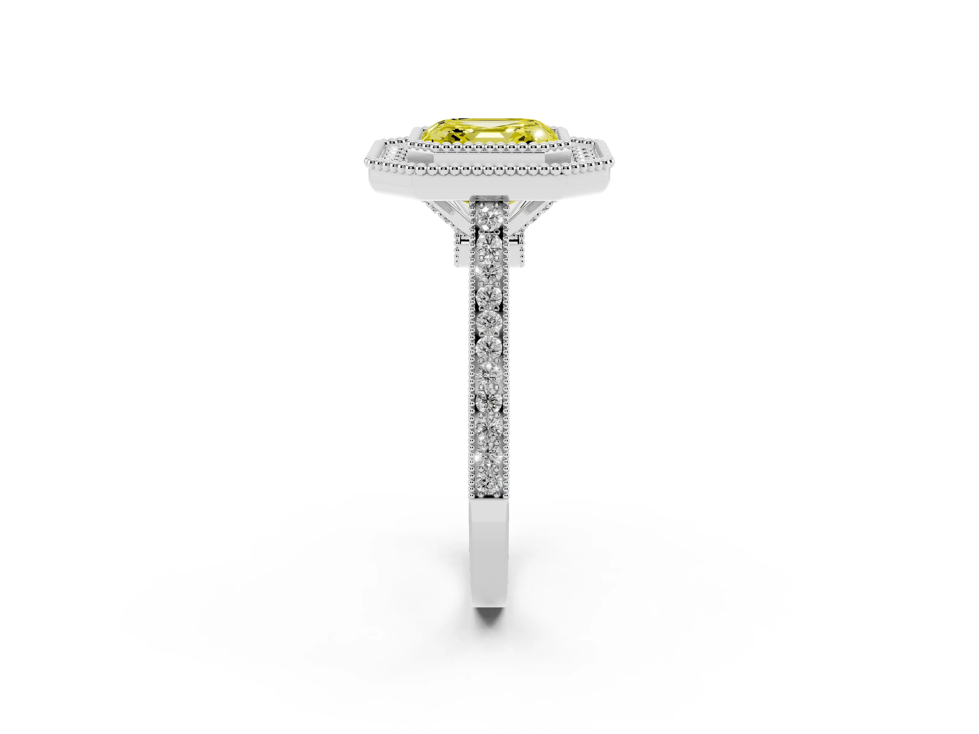 Fancy Yellow Asscher Cut Diamond Halo Ring Set in Silver with Milgrain Frame and Pavé Band