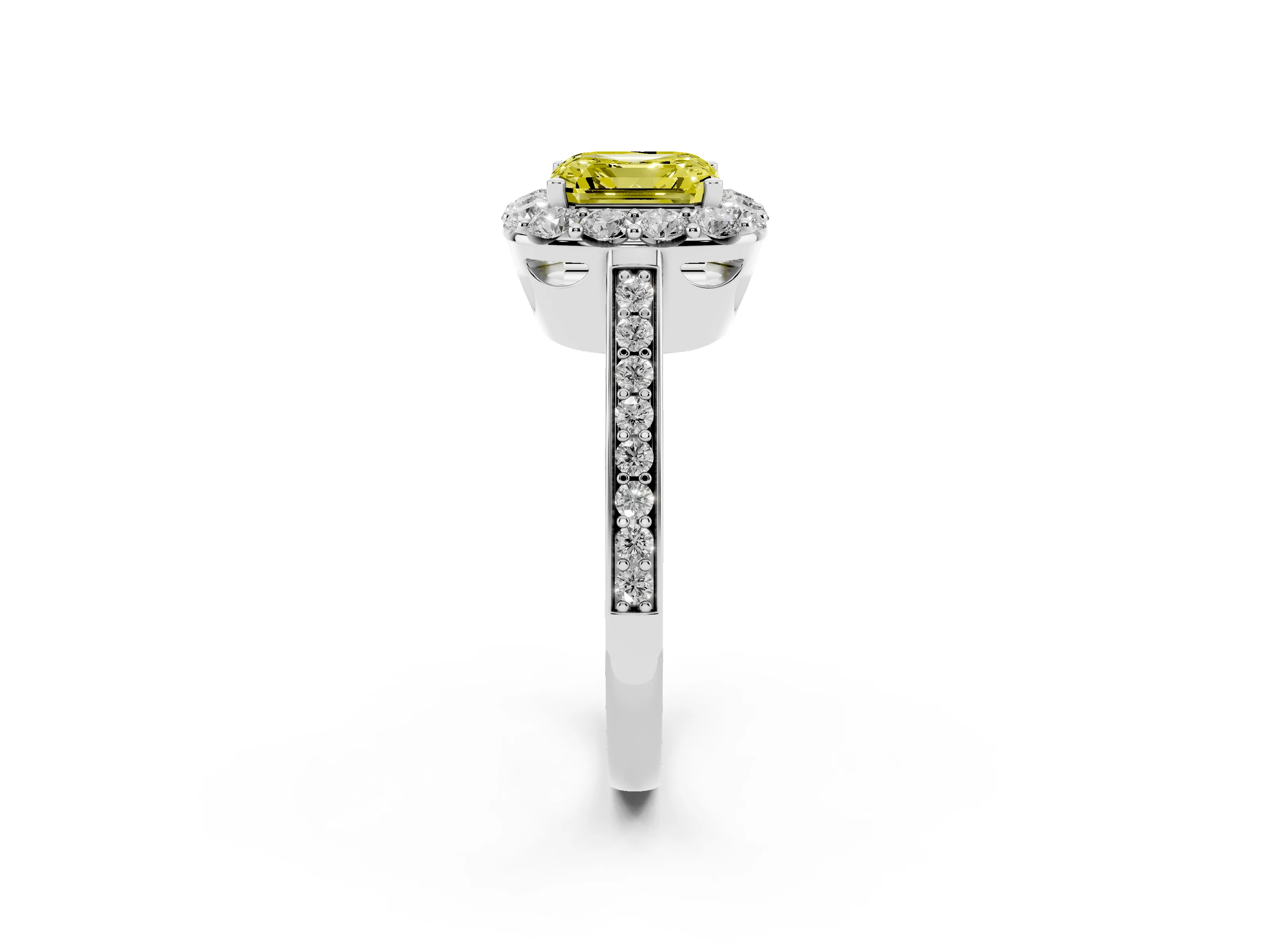 Fancy Yellow Asscher Cut Diamond Floral Halo Ring Set in White gold with Pavé Band and Prong Setting